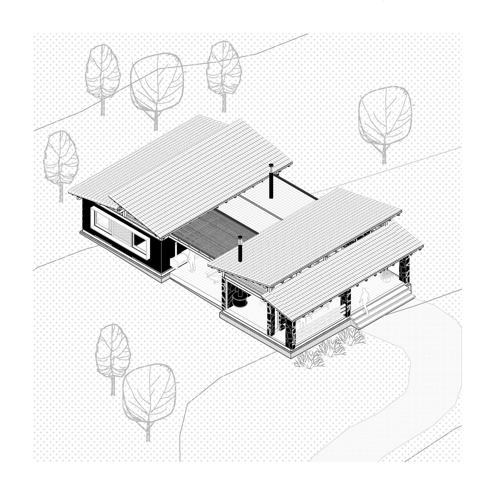 Isometric drawing showing a residence with two pitched roof volumes surrounded by stylized trees