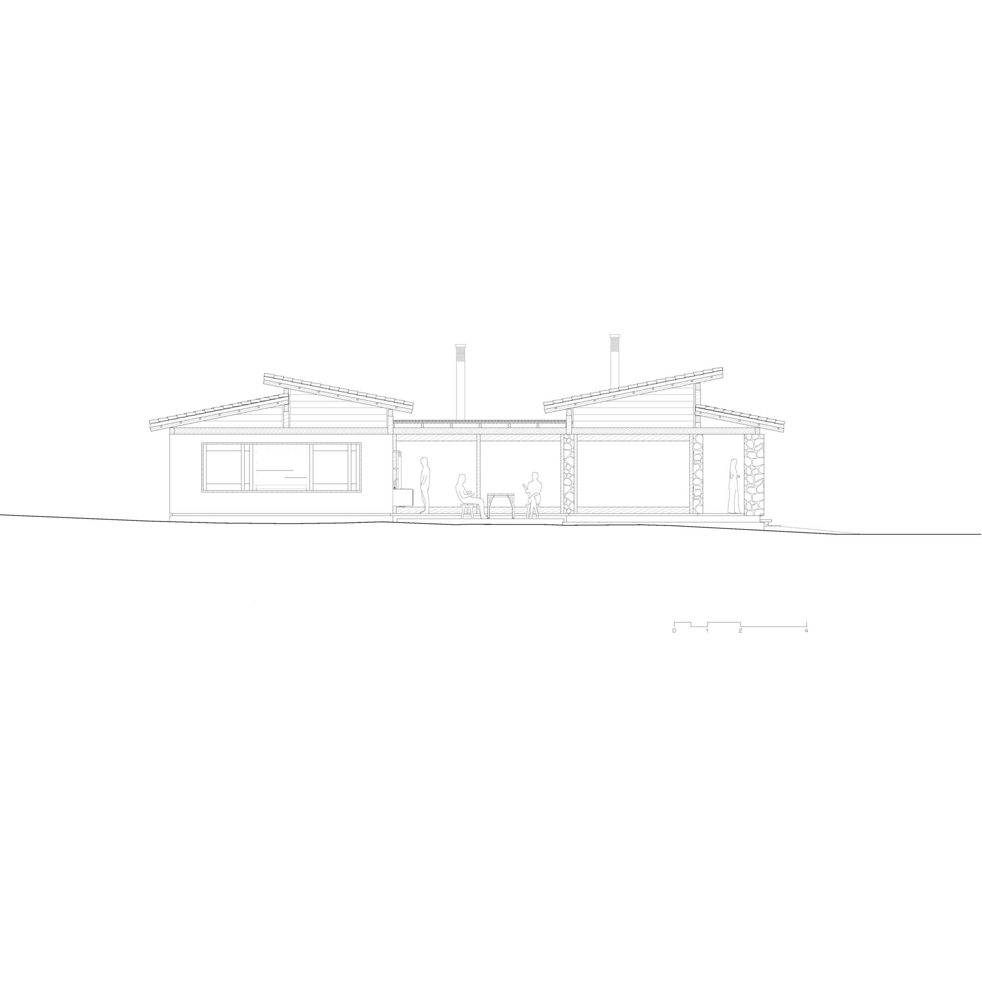 Elevation drawing depicting the entry facade with covered terrace and silhouetted figures