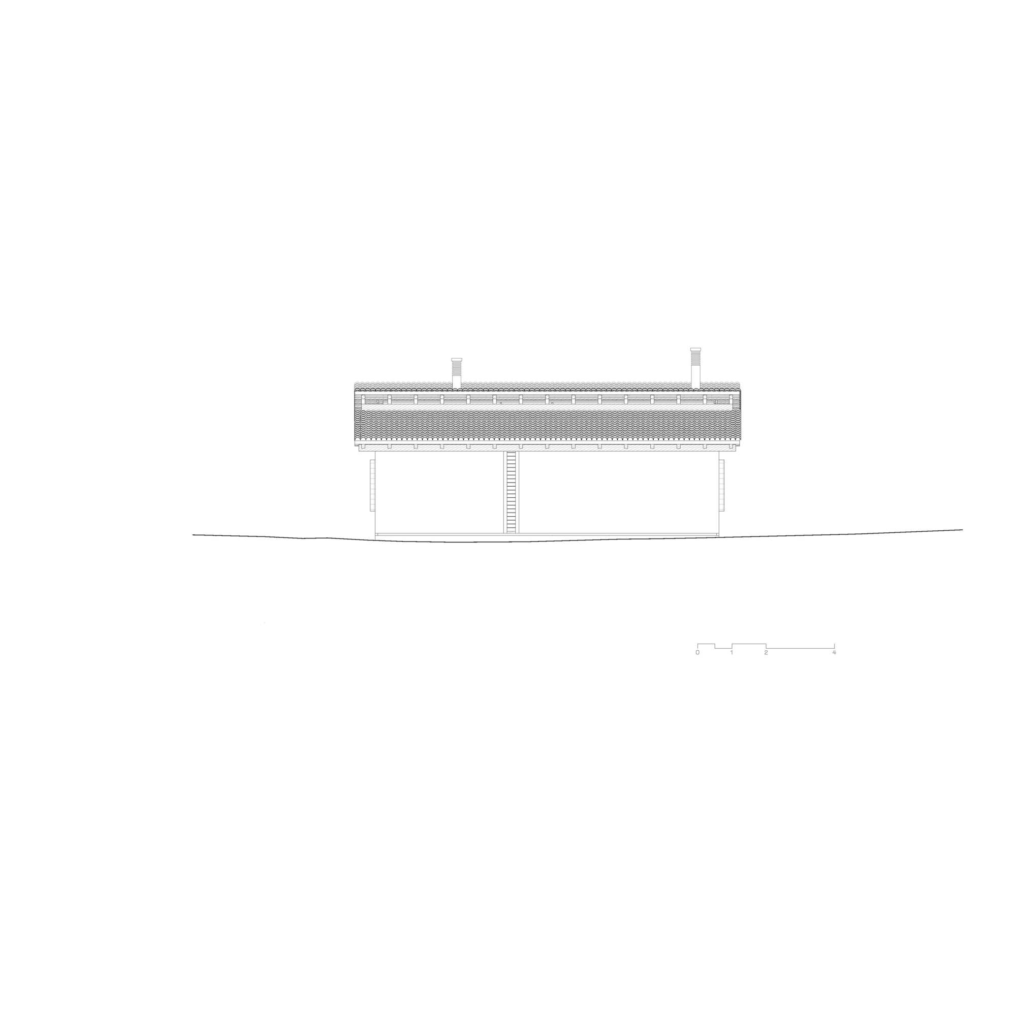 Elevation drawing showing a horizontal structure with heavy roof plane supported by columns and vertical core