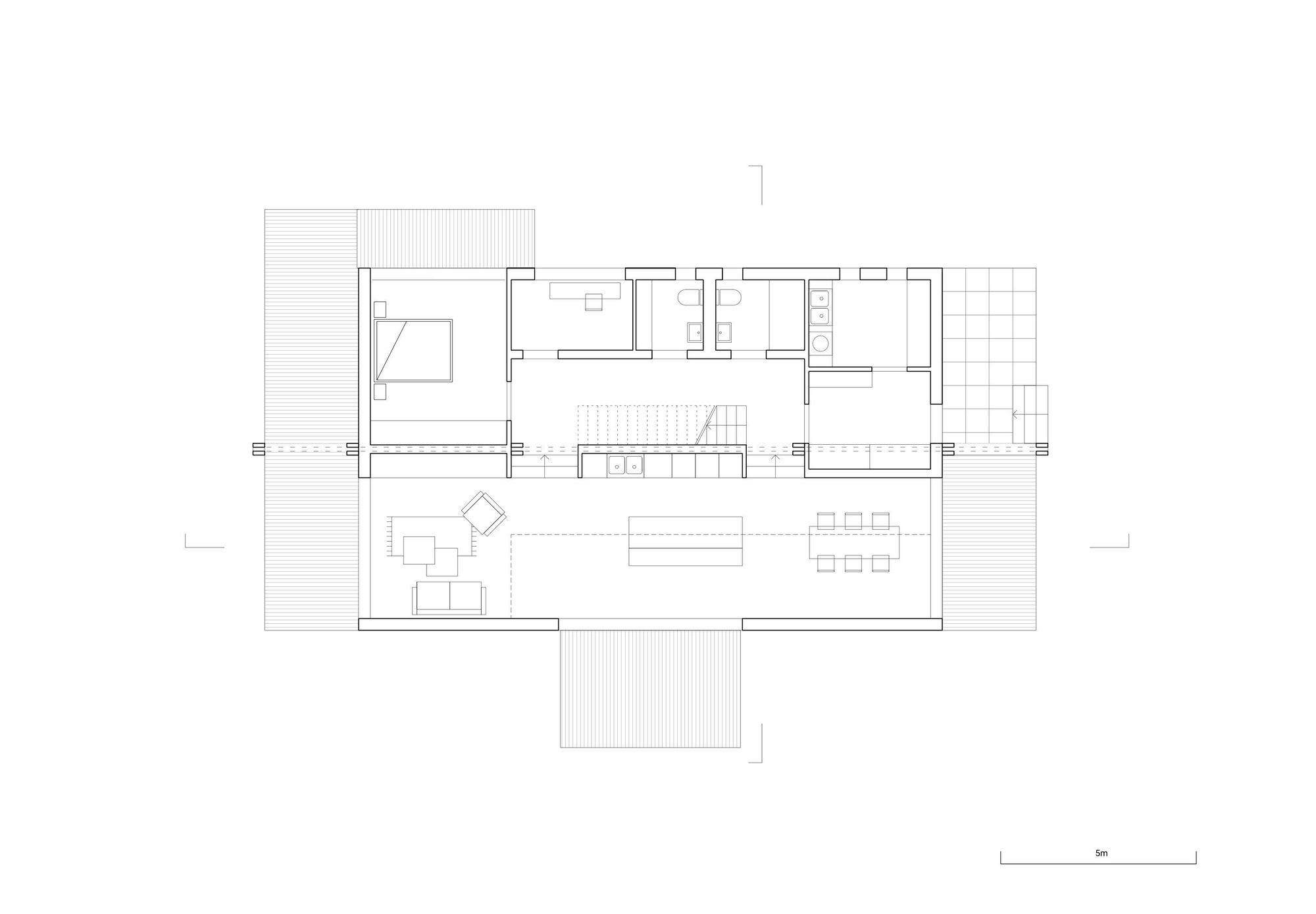 Floor plan drawing showing a linear layout with bedrooms and bathrooms flanking a central living and dining area