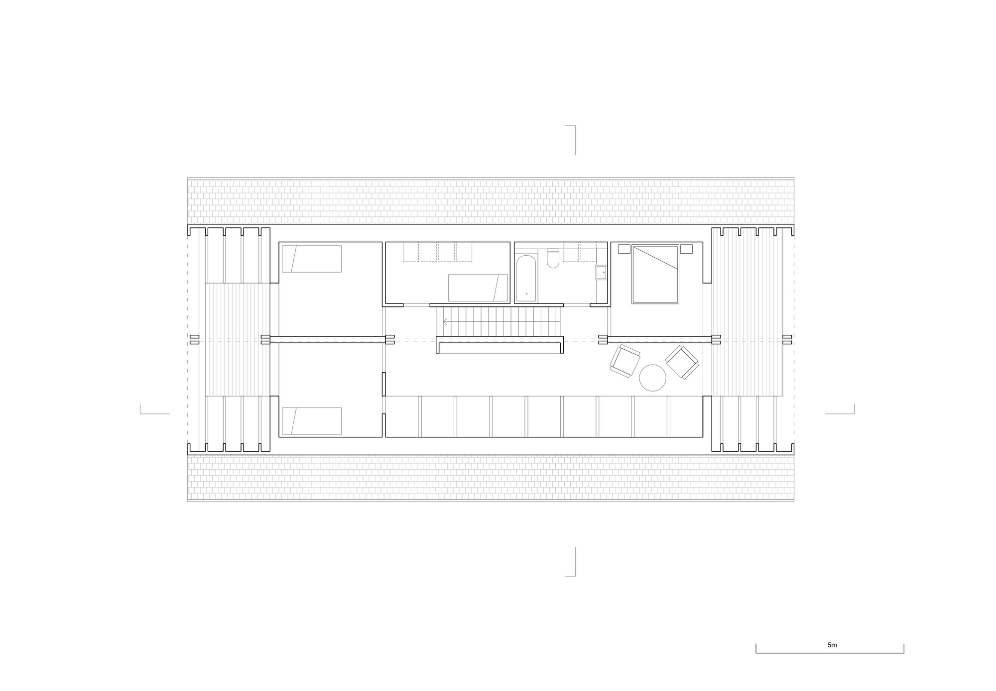 Floor plan drawing showing the upper level with a central staircase opening and surrounding terraces