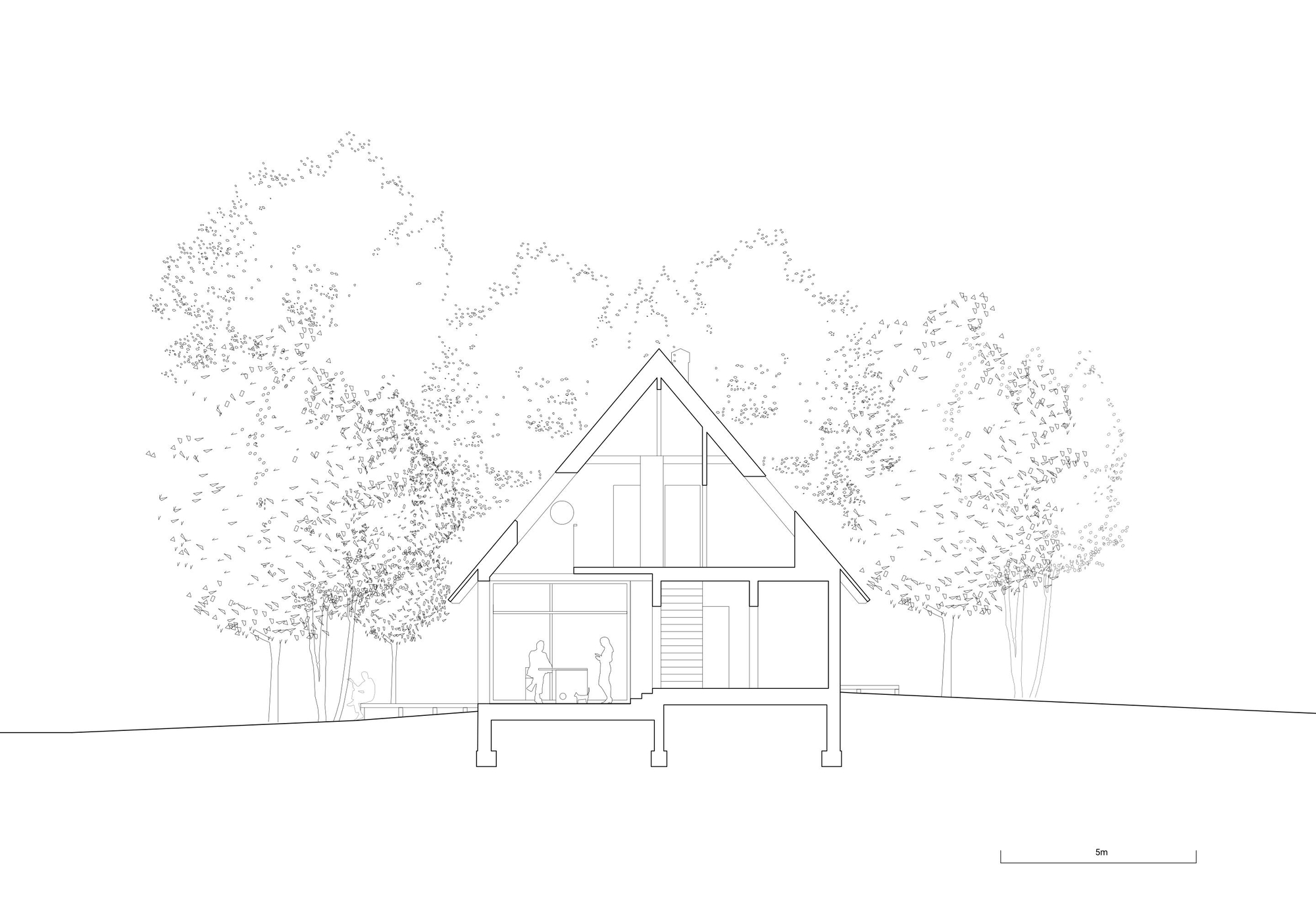 Section drawing showing the pitched roof structure elevated on columns among sketched trees