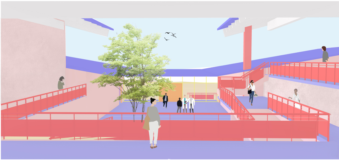 The medical block overlooks the central courtyard, fostering openness, healing, and interaction with nature.