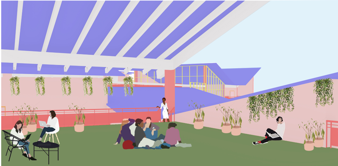 A recreational terrace offers restorative outdoor spaces while maintaining visual continuity across the rehabilitation centre.