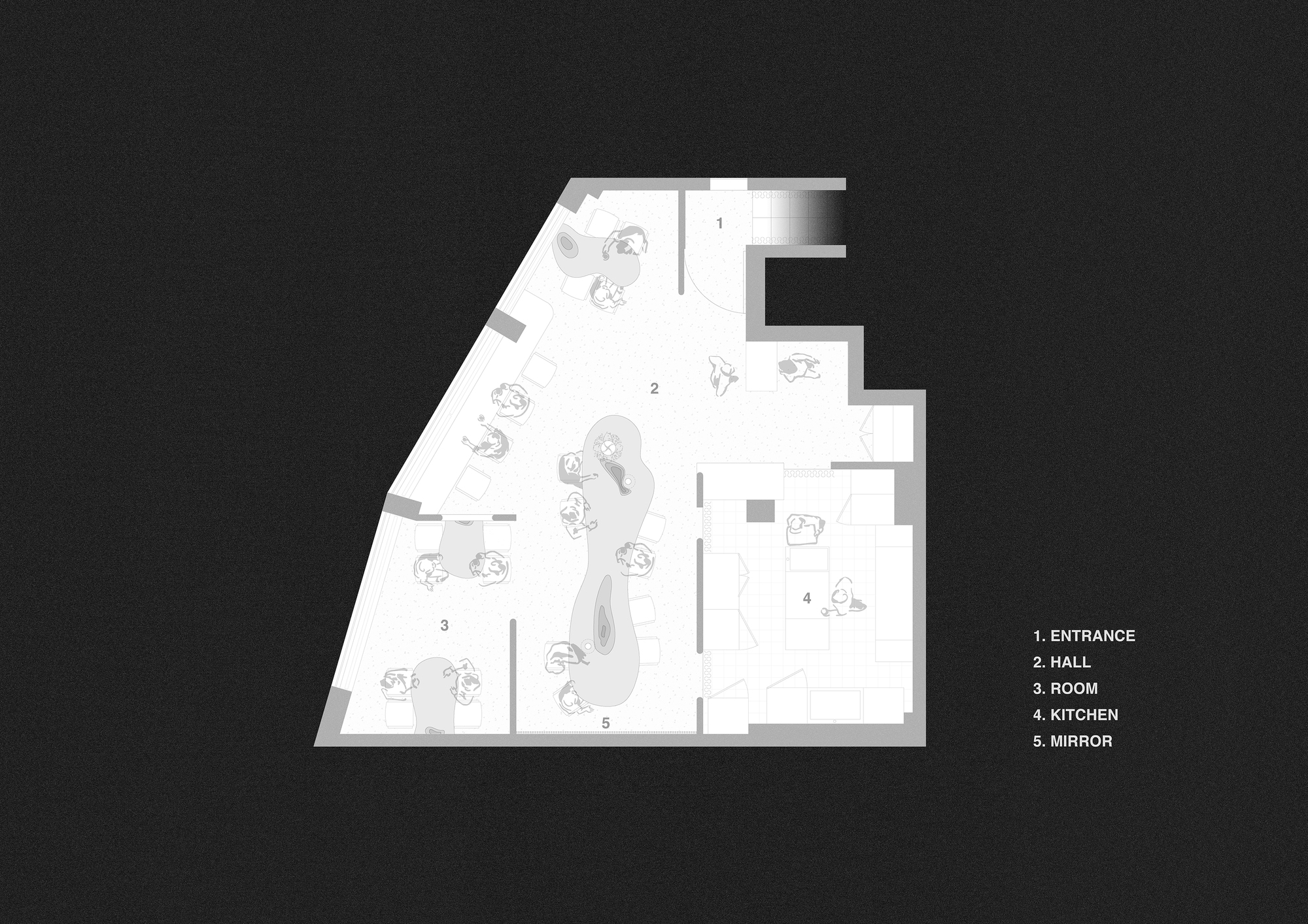 Floor plan drawing showing entrance hall and dining room with curved seating arrangements