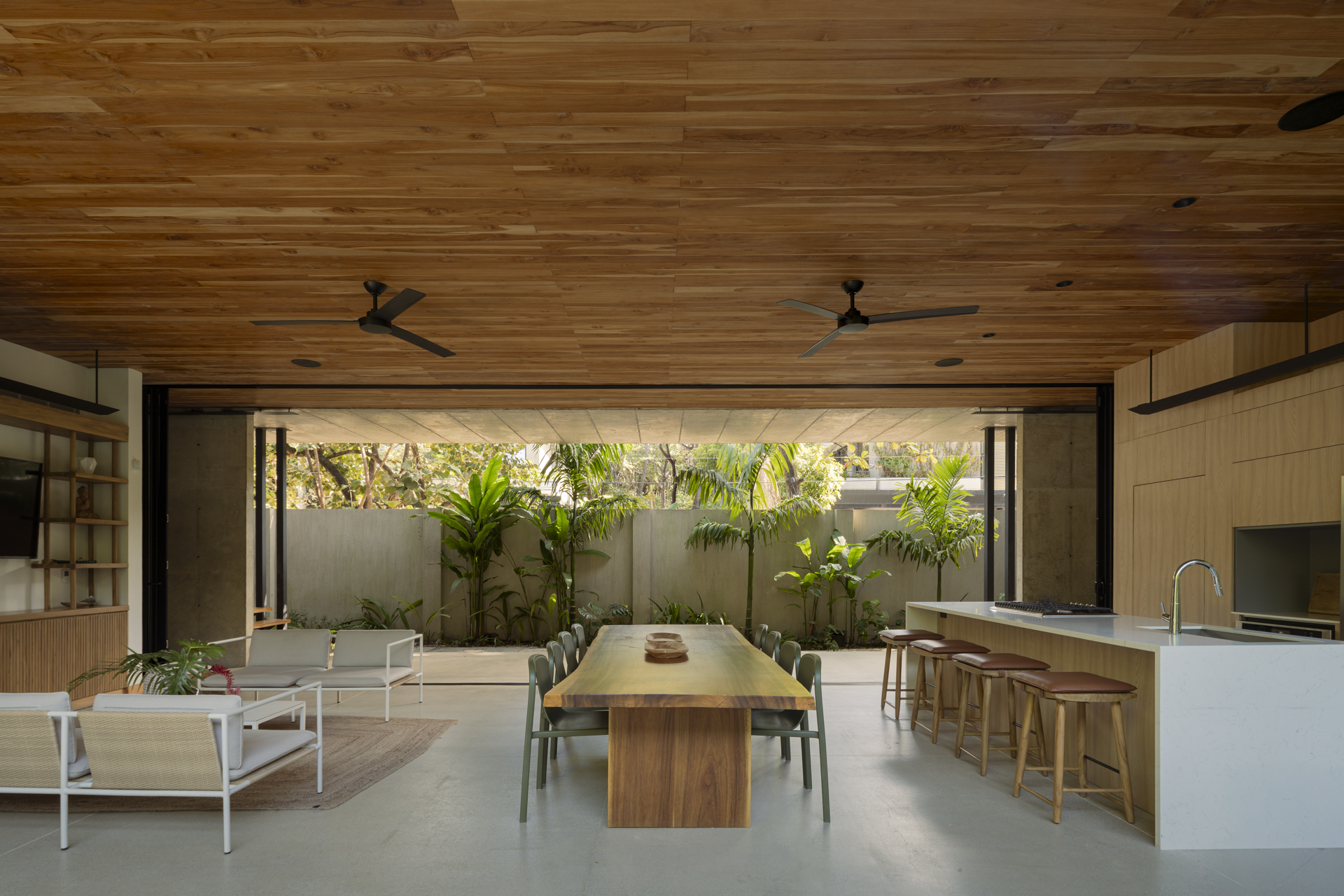 Open living and dining space with timber ceiling, folding glass doors facing planted courtyard
