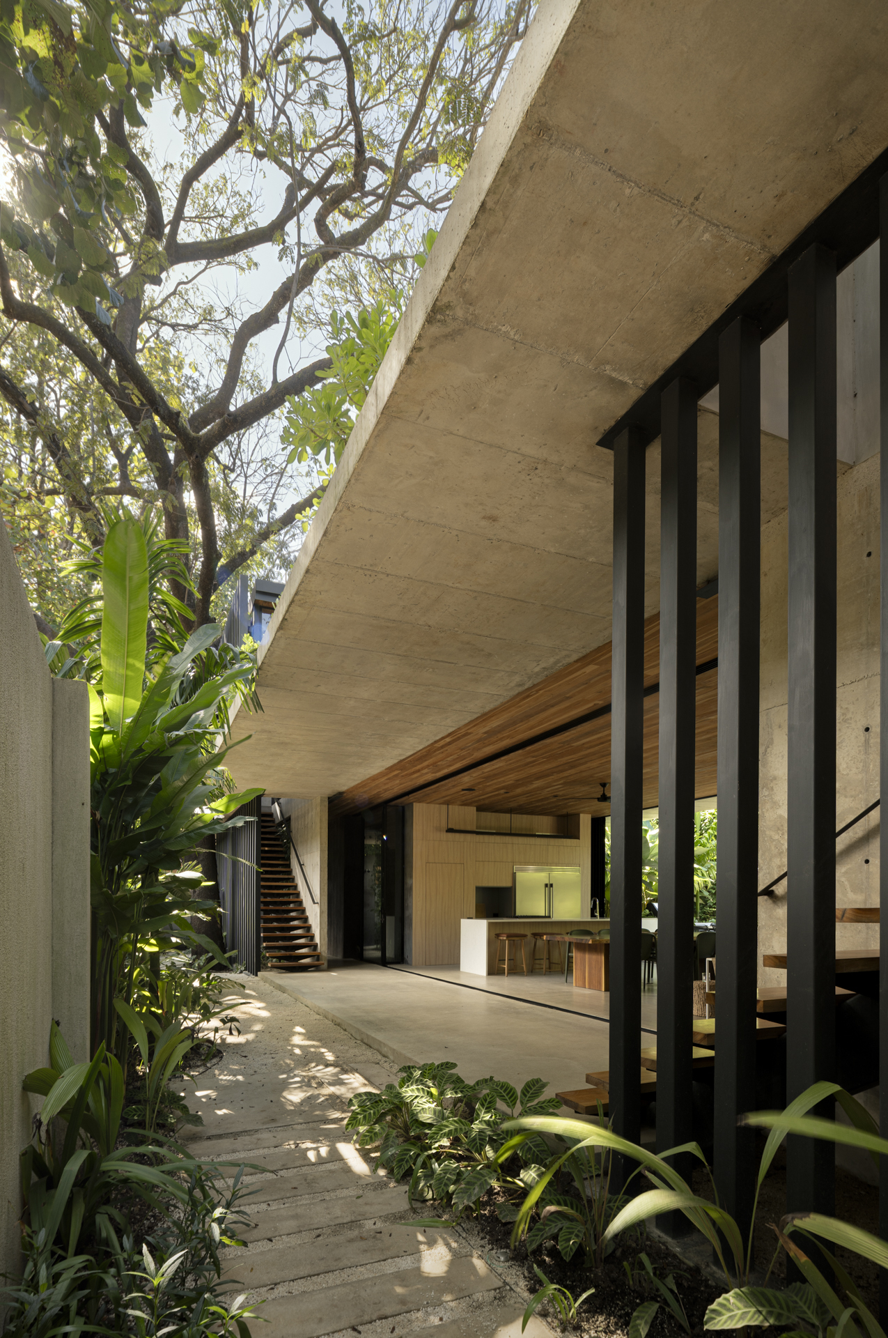 Covered walkway with concrete structure and planted beds beneath established tree canopy