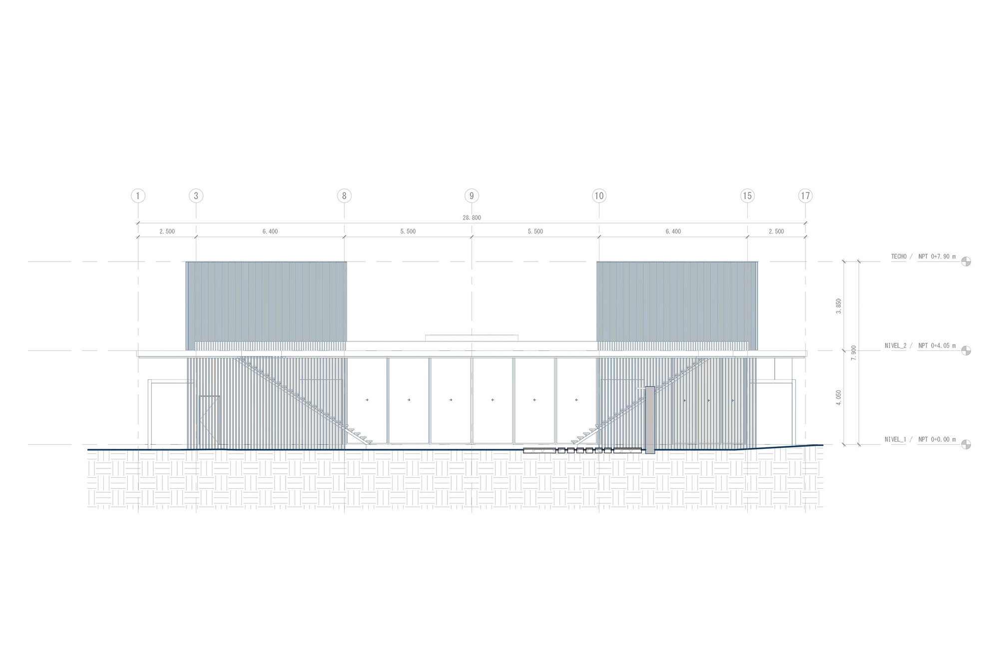 Elevation drawing showing a two-story facade with vertical slatted panels and rectangular glazed openings