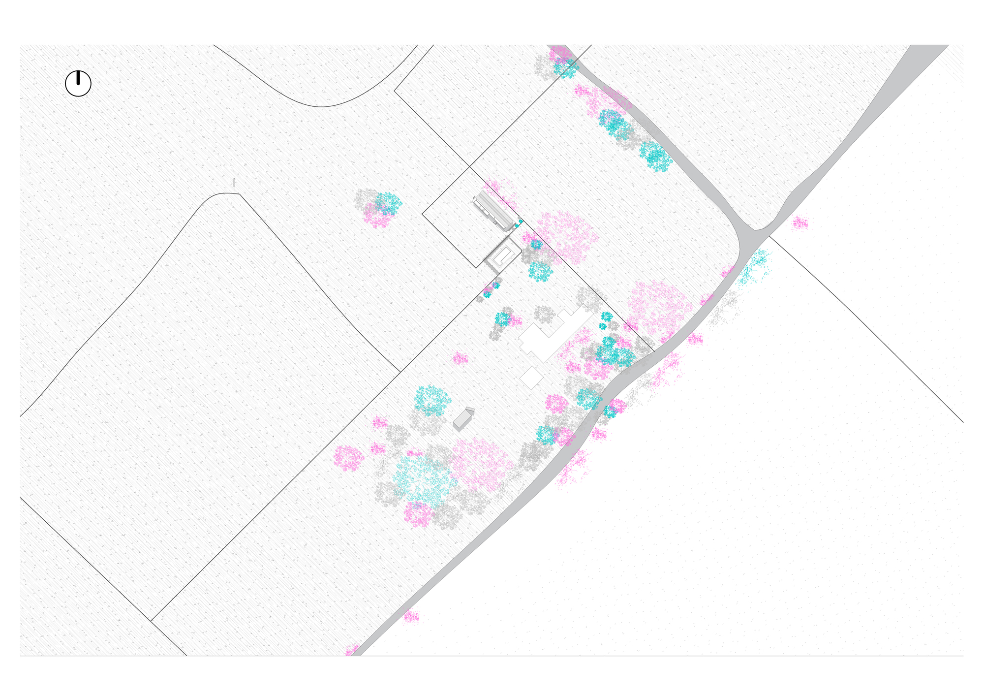 Site plan drawing with color-coded vegetation and the structure positioned along a diagonal roadway