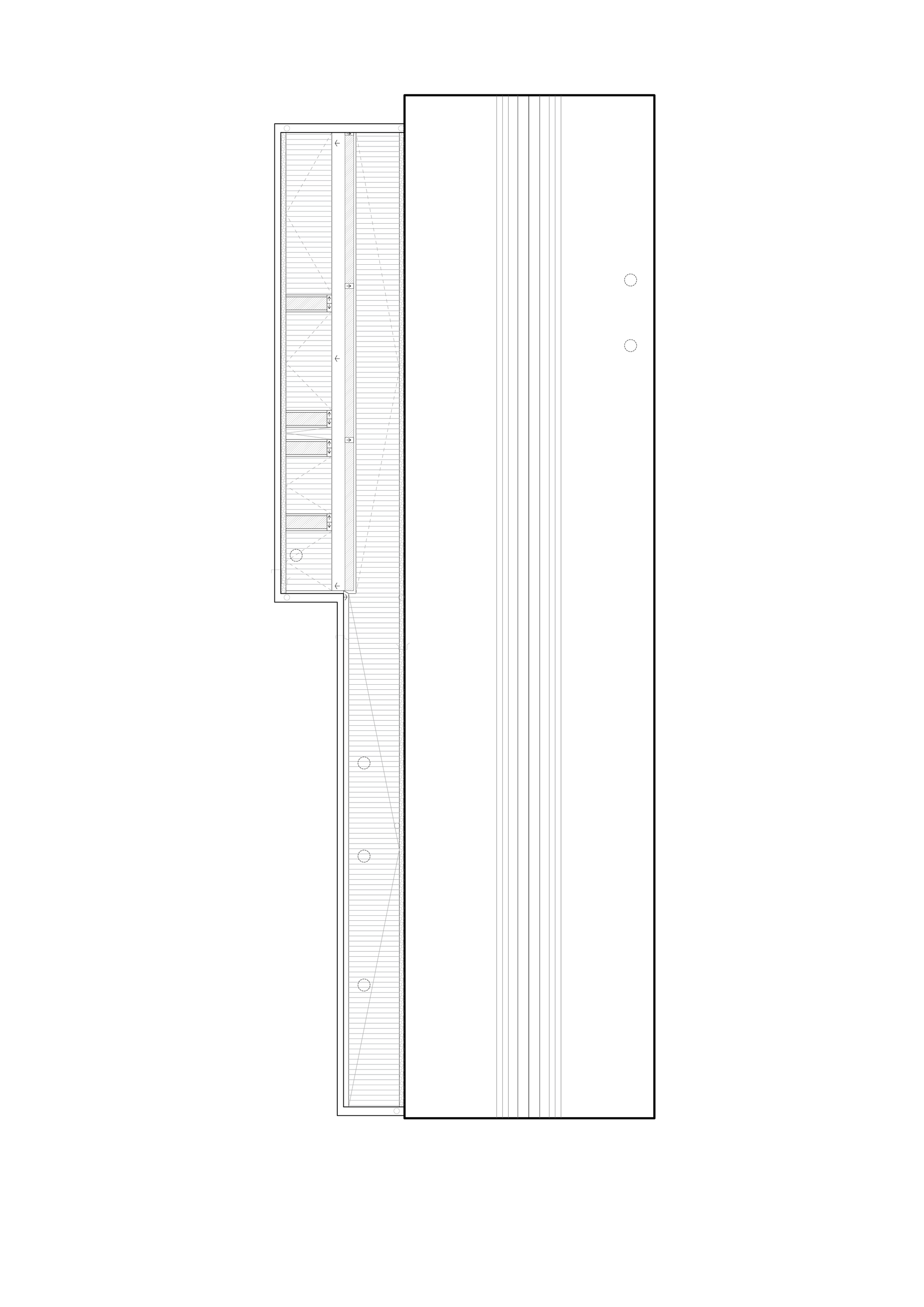 Roof plan drawing showing linear structure with vertical striping and service core on left edge