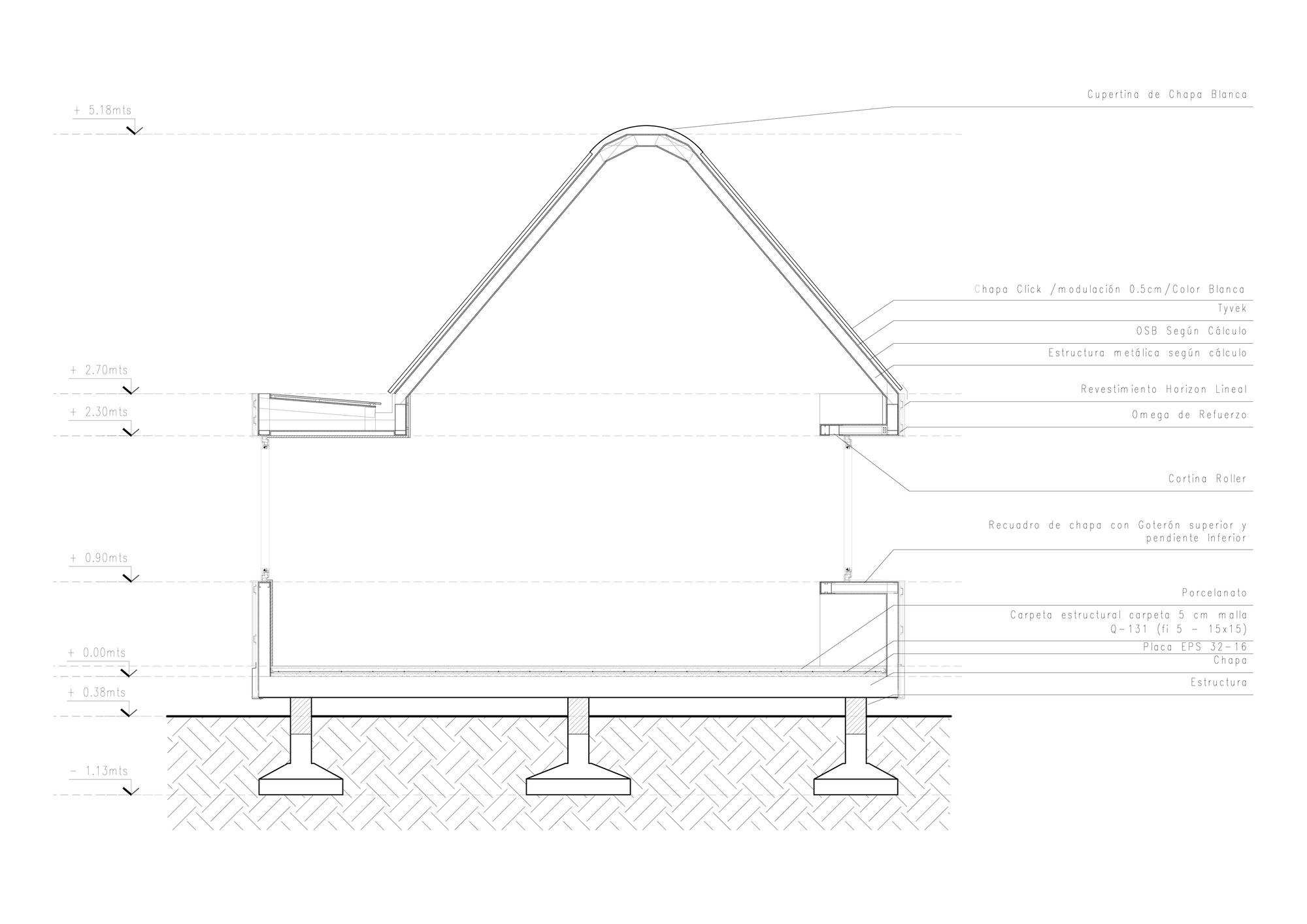 Section drawing showing arched roof structure above ground level space with foundation on hatched soil