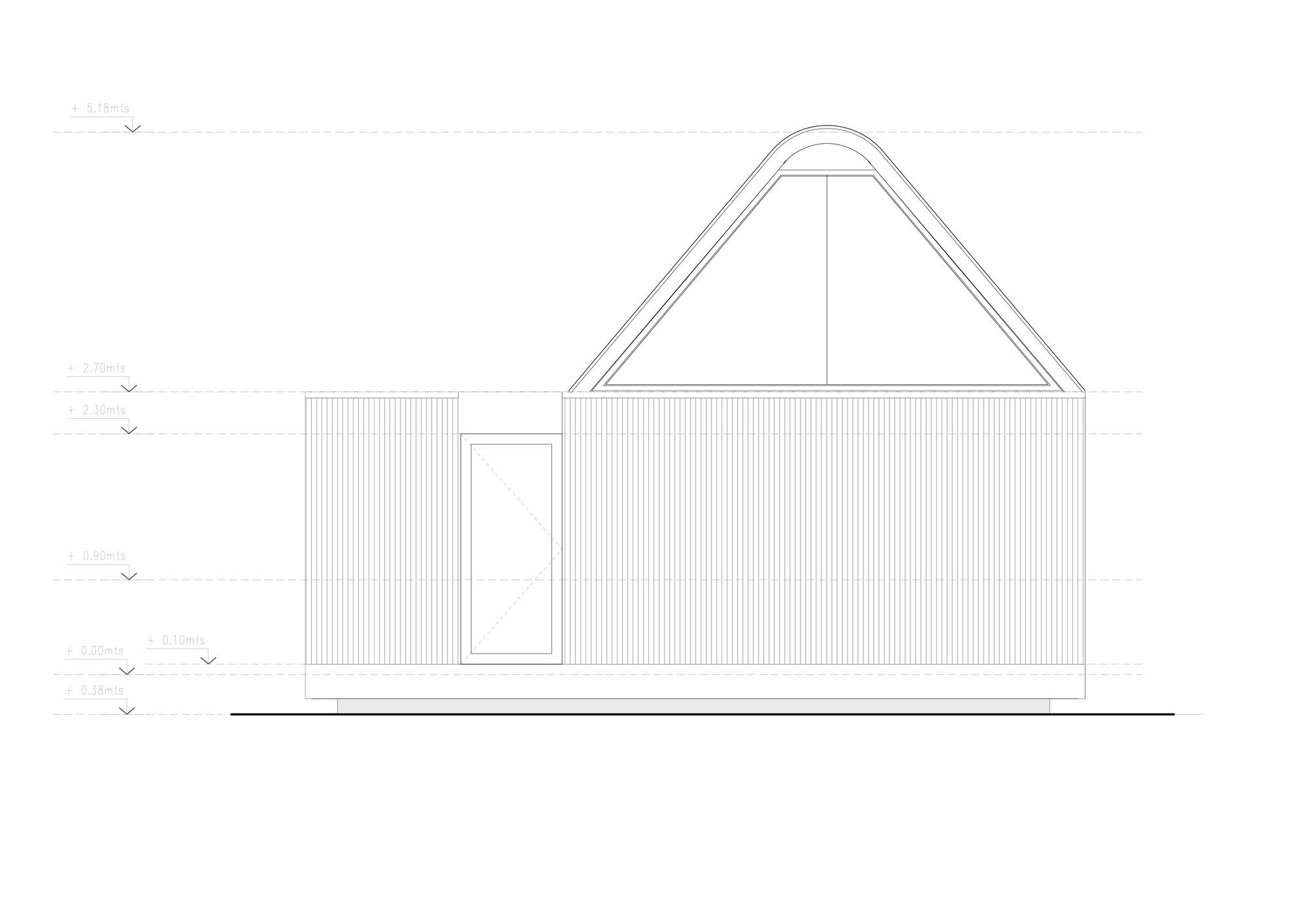 Elevation drawing showing a corrugated facade with single door and arched double-layer roof above