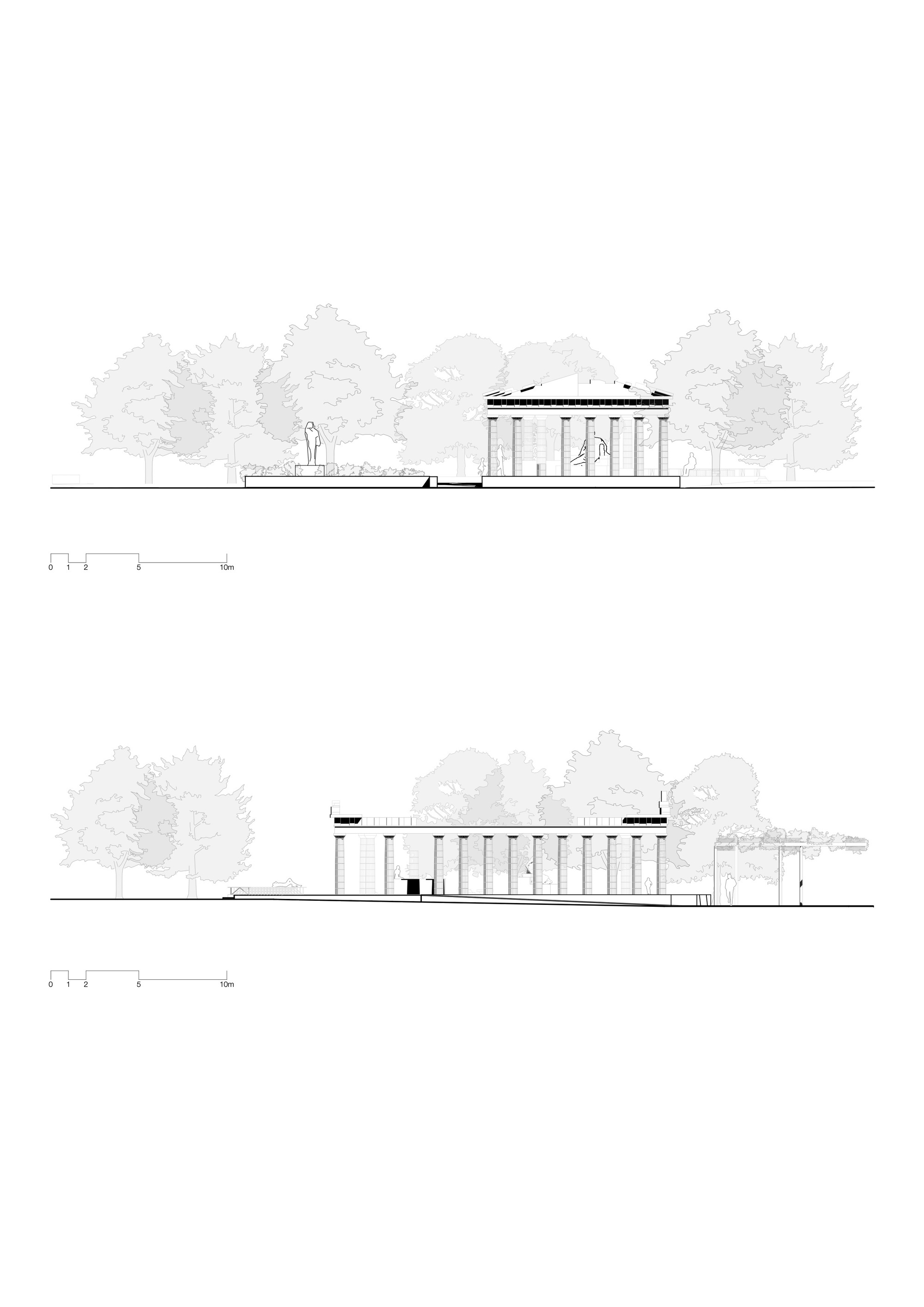 Elevation drawings of the pavilion with colonnades set among trees and adjacent structures