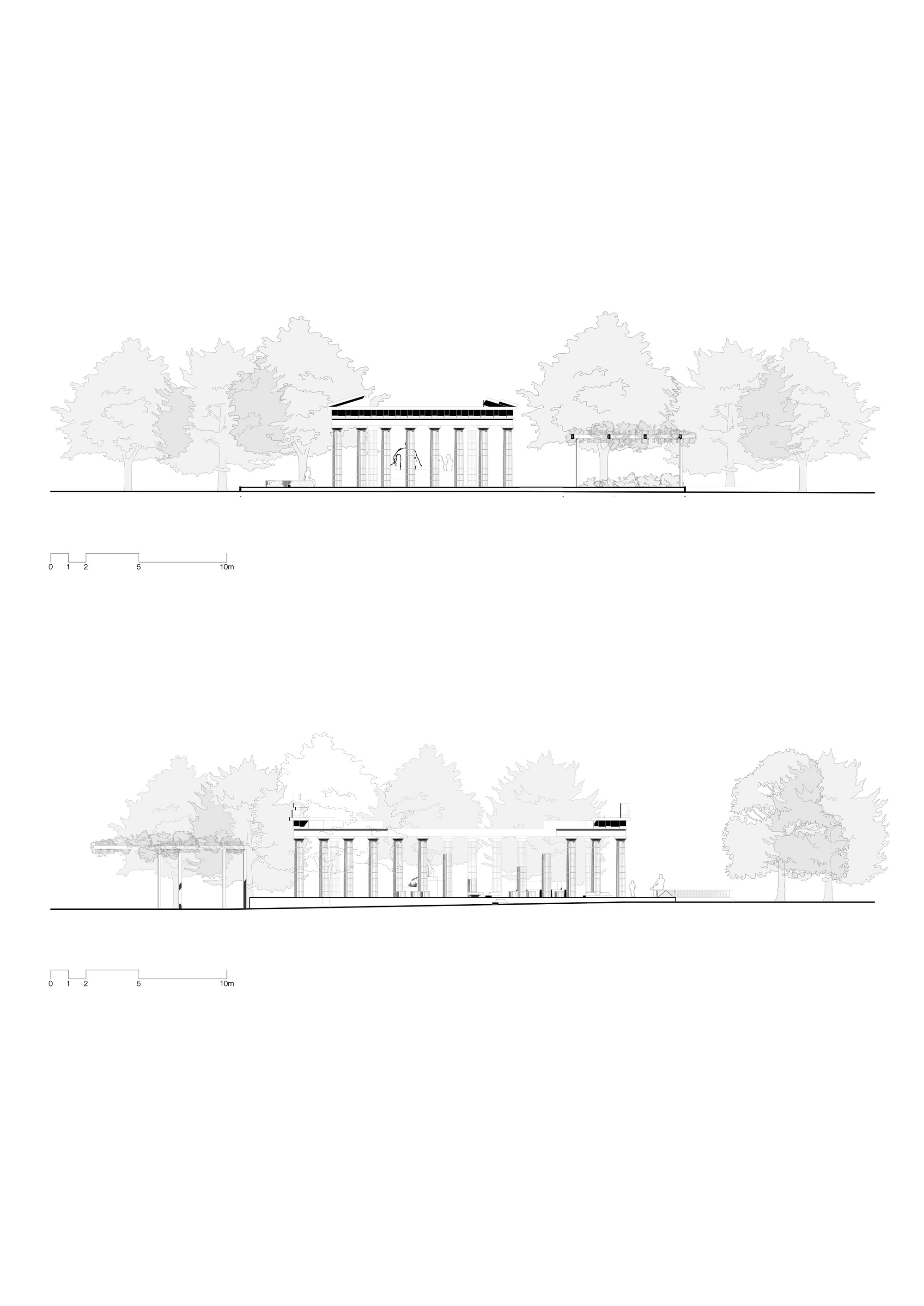 Elevation drawings showing the pavilion from two sides with tree canopies indicated in grey