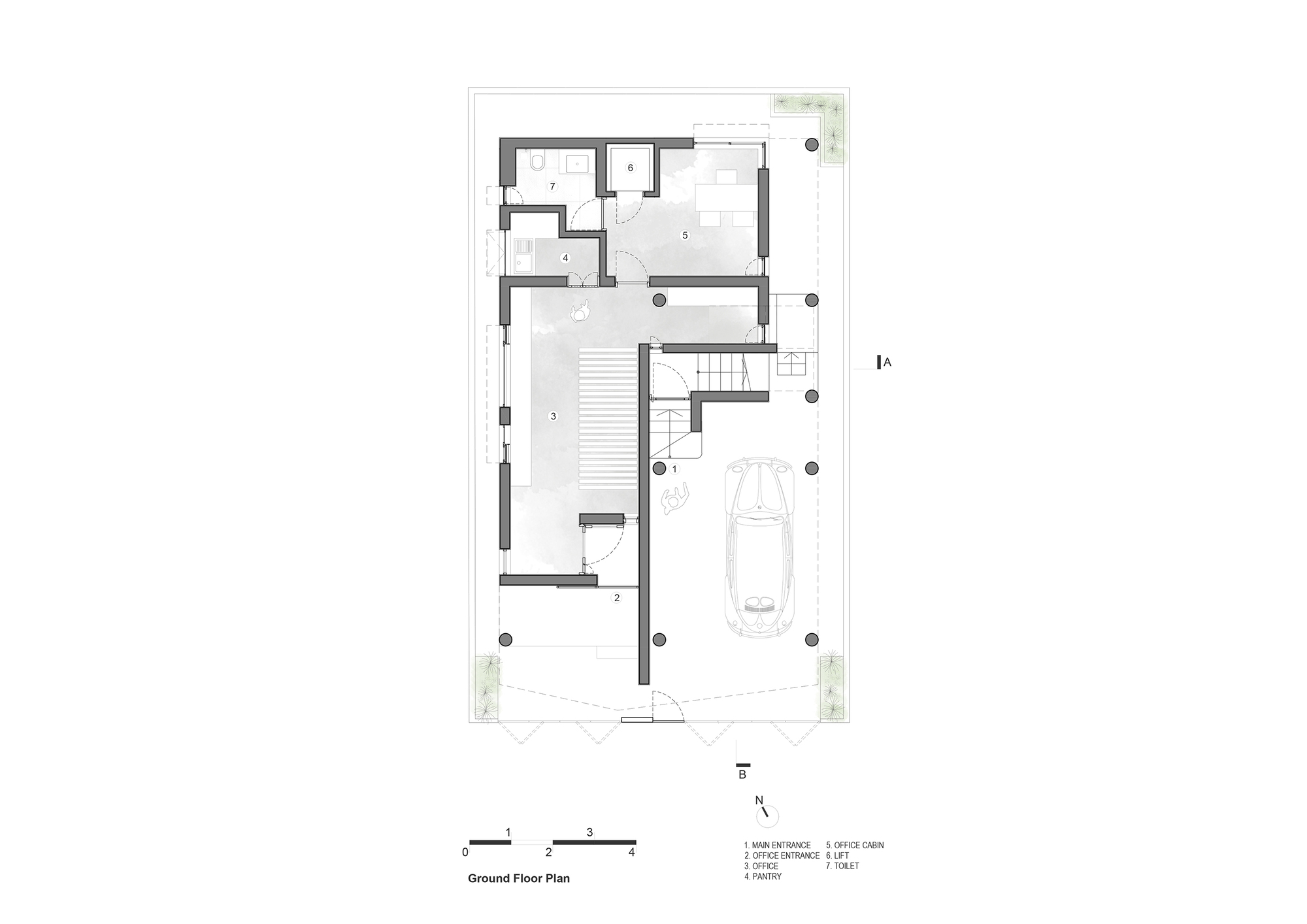 Ground floor plan drawing showing carport, entry stair, and service areas with landscaped perimeter