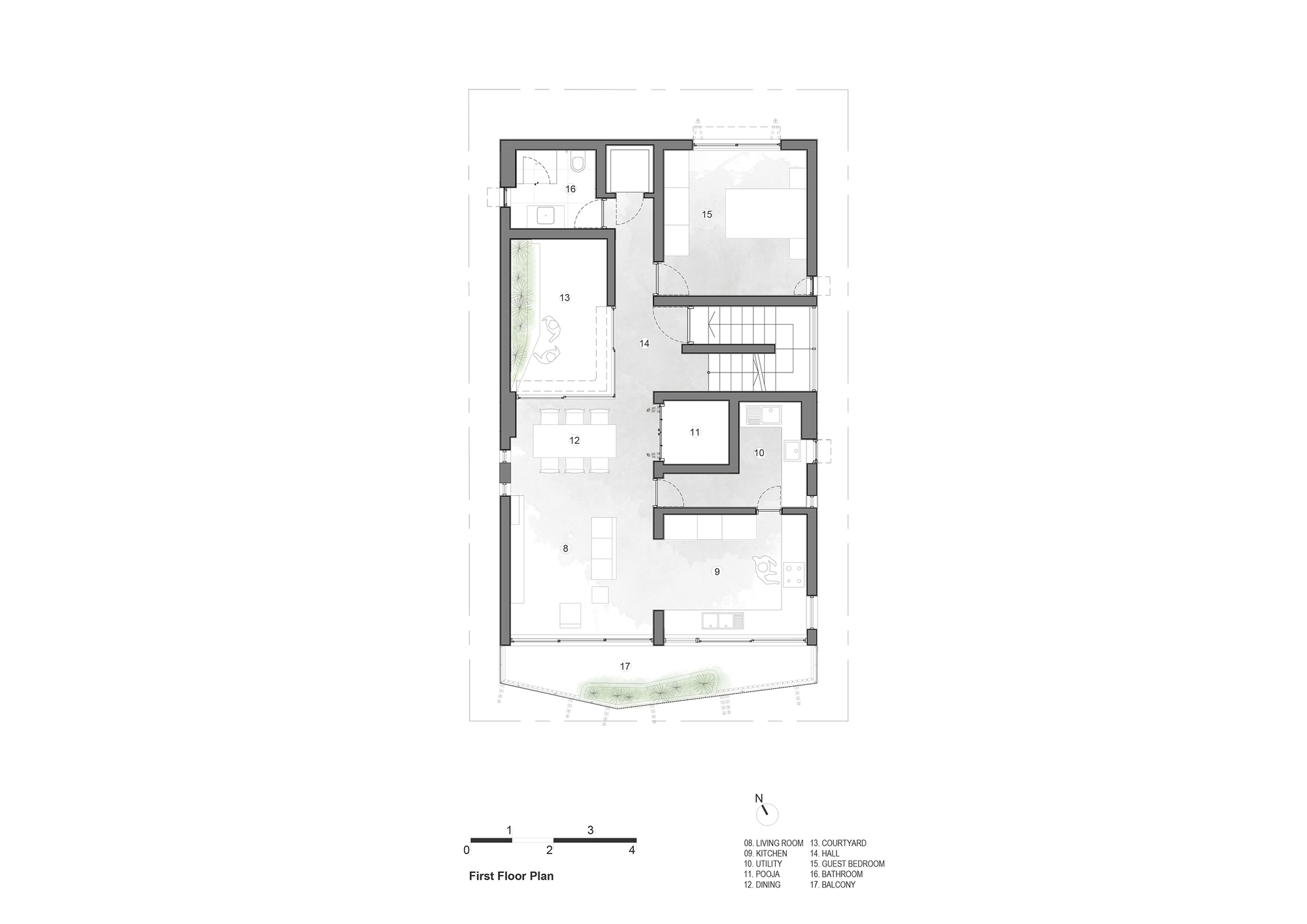 First floor plan drawing showing living areas, bedrooms, and central staircase with corner balcony