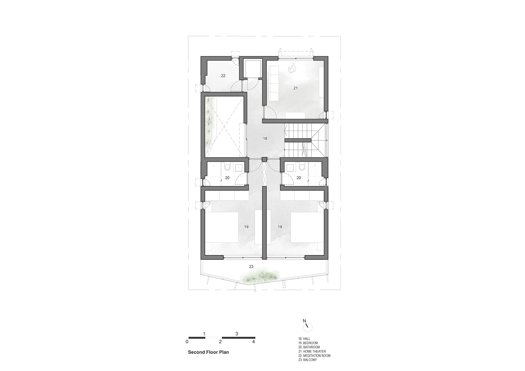 Second floor plan drawing showing bedroom layout, bathrooms, and stair core with front balcony