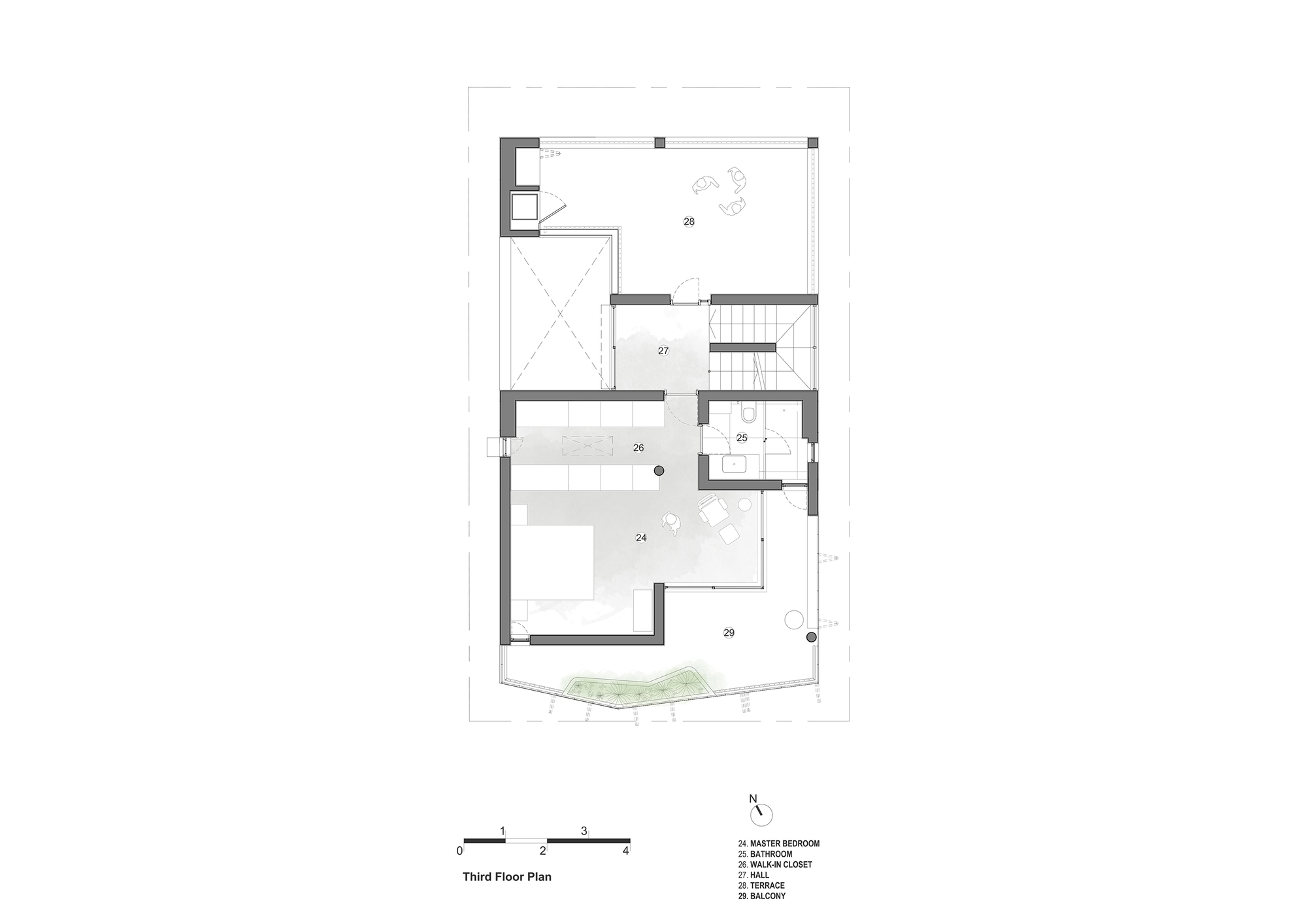 Third floor plan drawing showing the master bedroom and walk-in closet with a central staircase