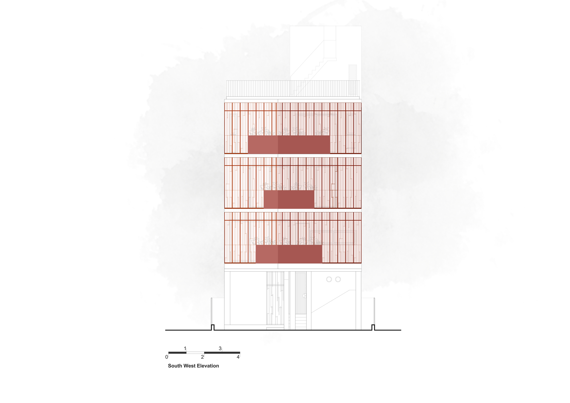 South west elevation drawing showing vertical slat facade with horizontal terracotta-toned inset panels across three floors