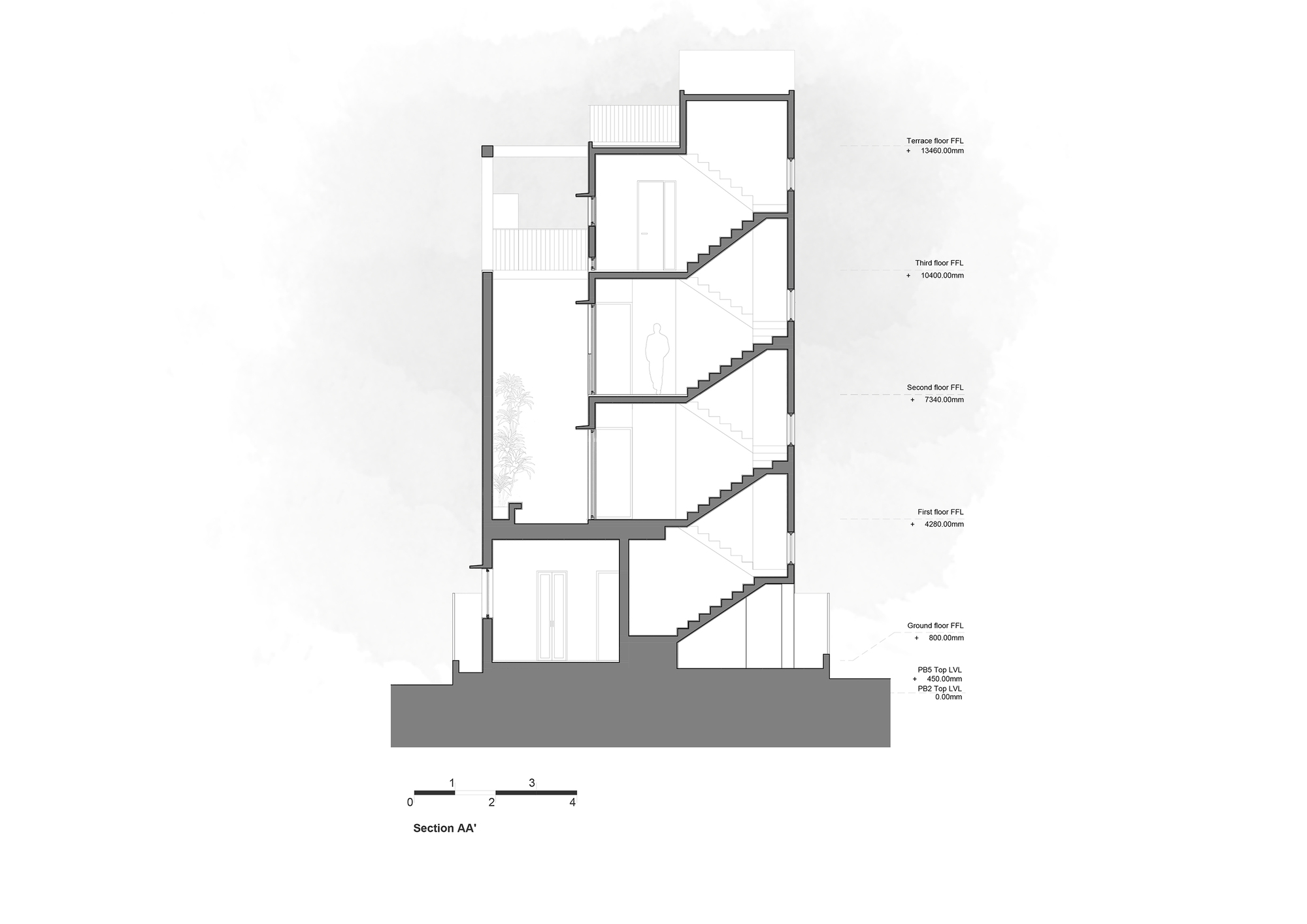 Section drawing showing the vertical stair arrangement connecting four residential levels above ground floor