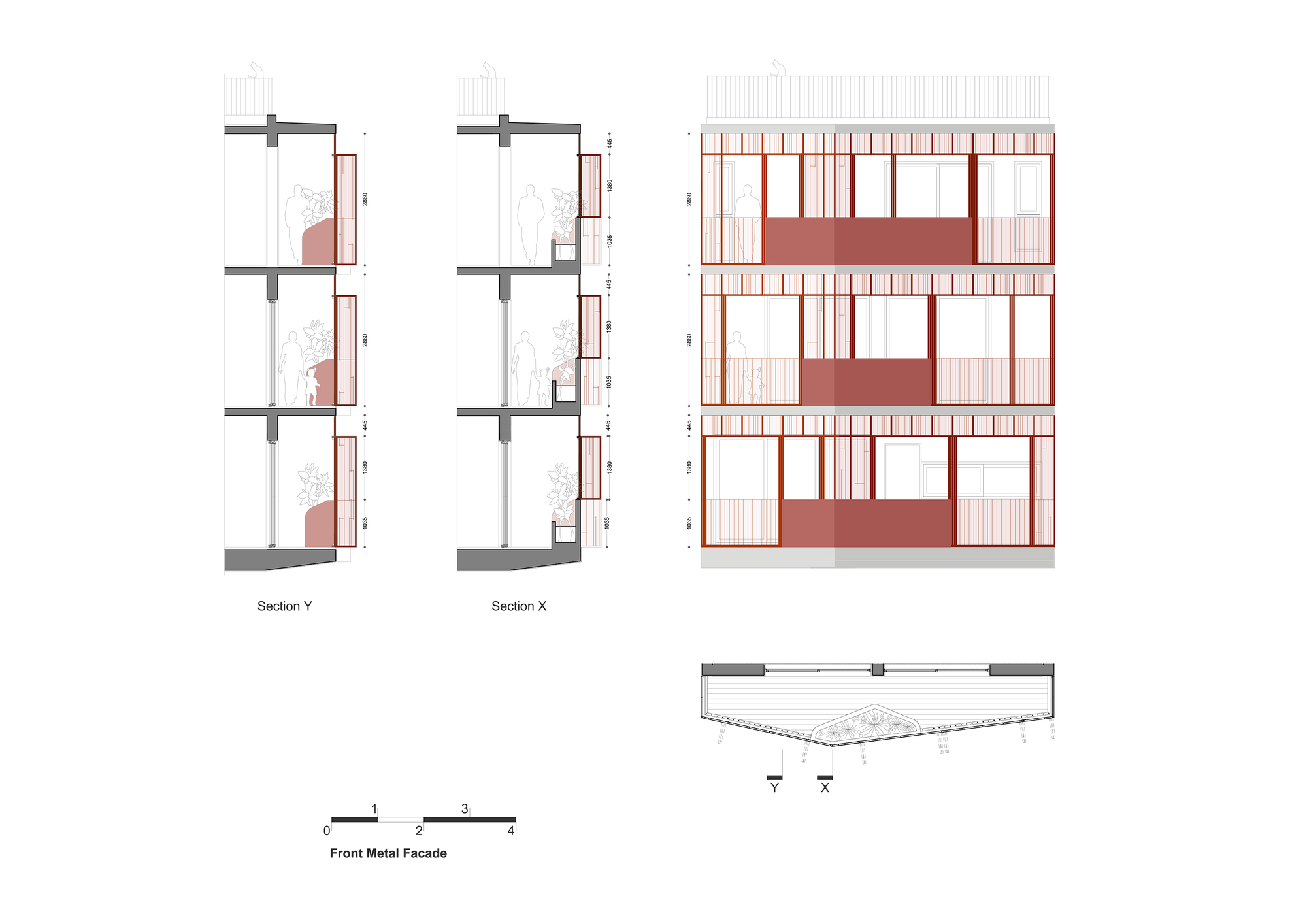 Combined drawing showing two building sections and front metal facade elevation with vertical slats and openings