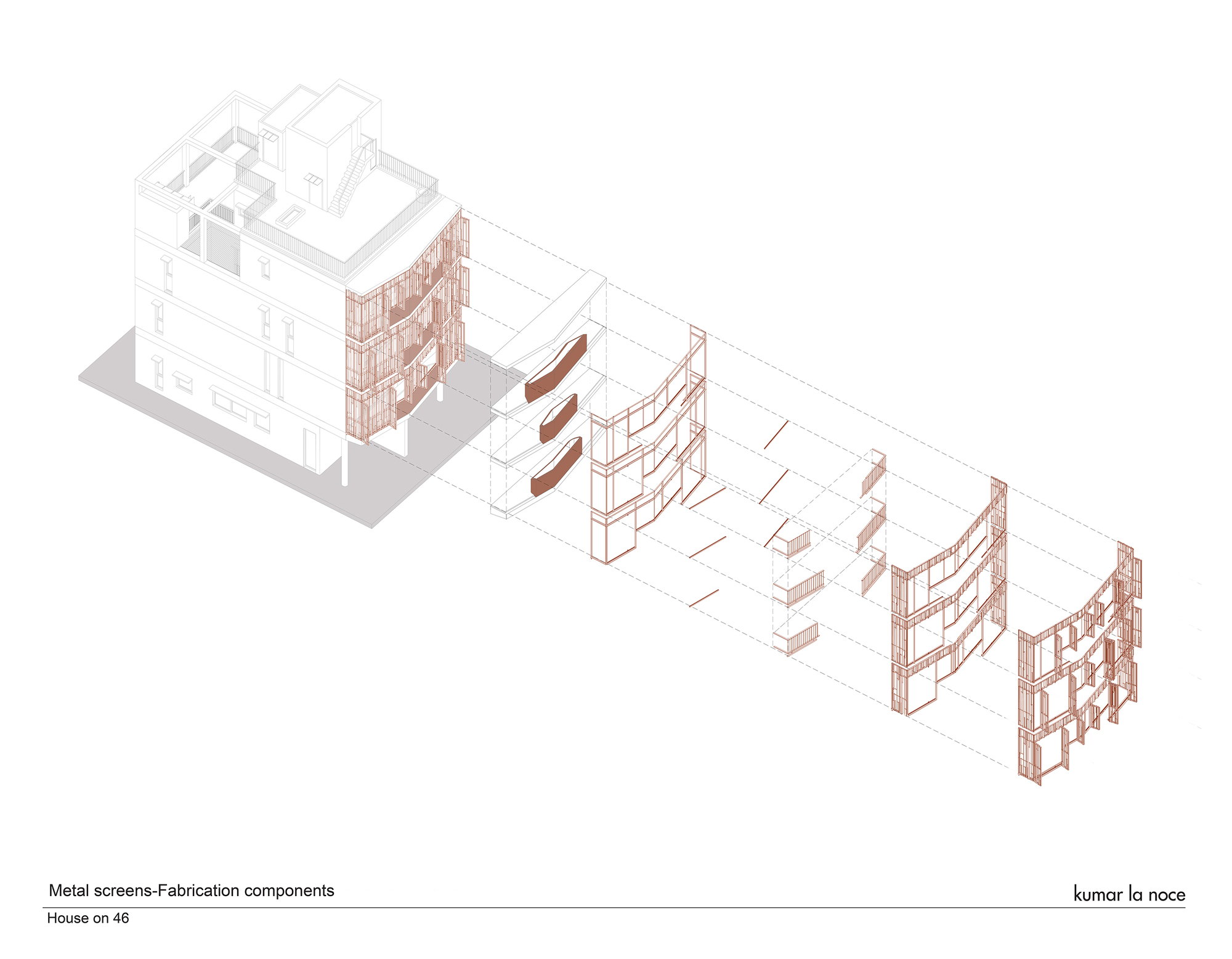 Axonometric drawing showing fabrication components including curved metal screens and structural elements