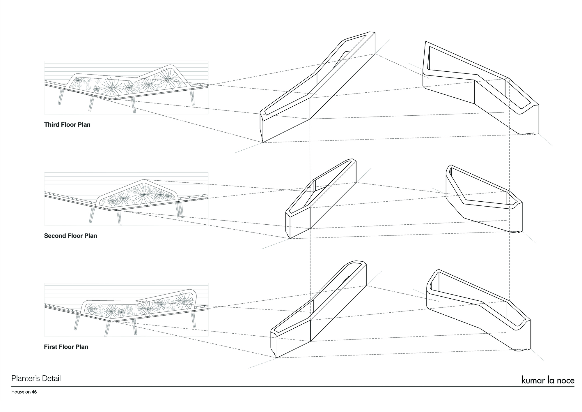 Floor plan drawing showing three levels with angled planters and window boxes