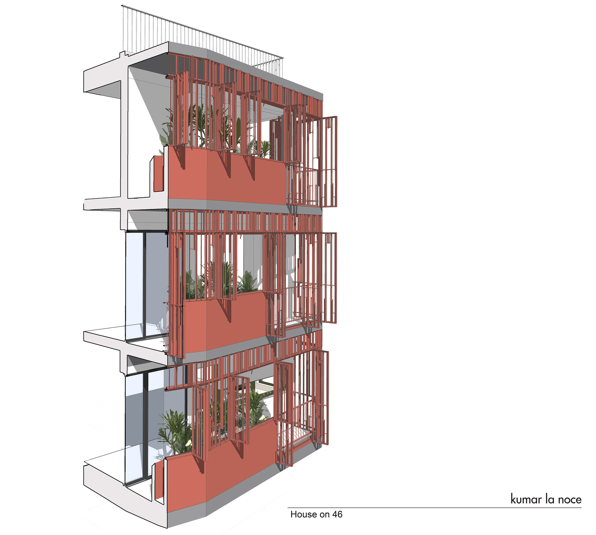Three-dimensional facade detail with red vertical metal screens and planted balcony boxes