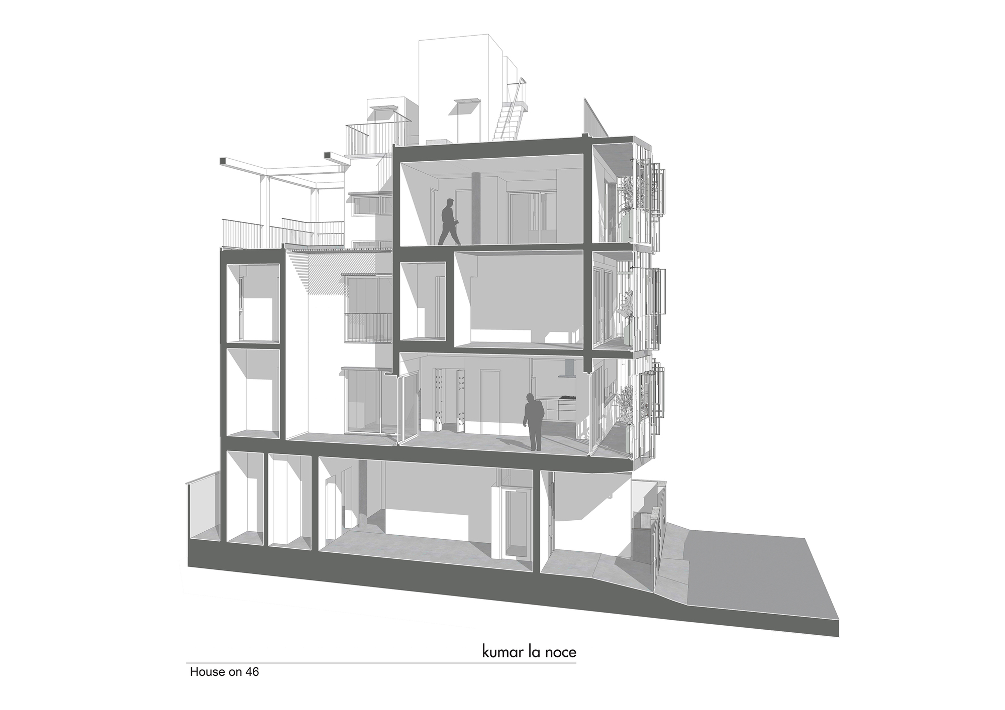 Section drawing showing interior spaces across four levels with figures occupying the floors