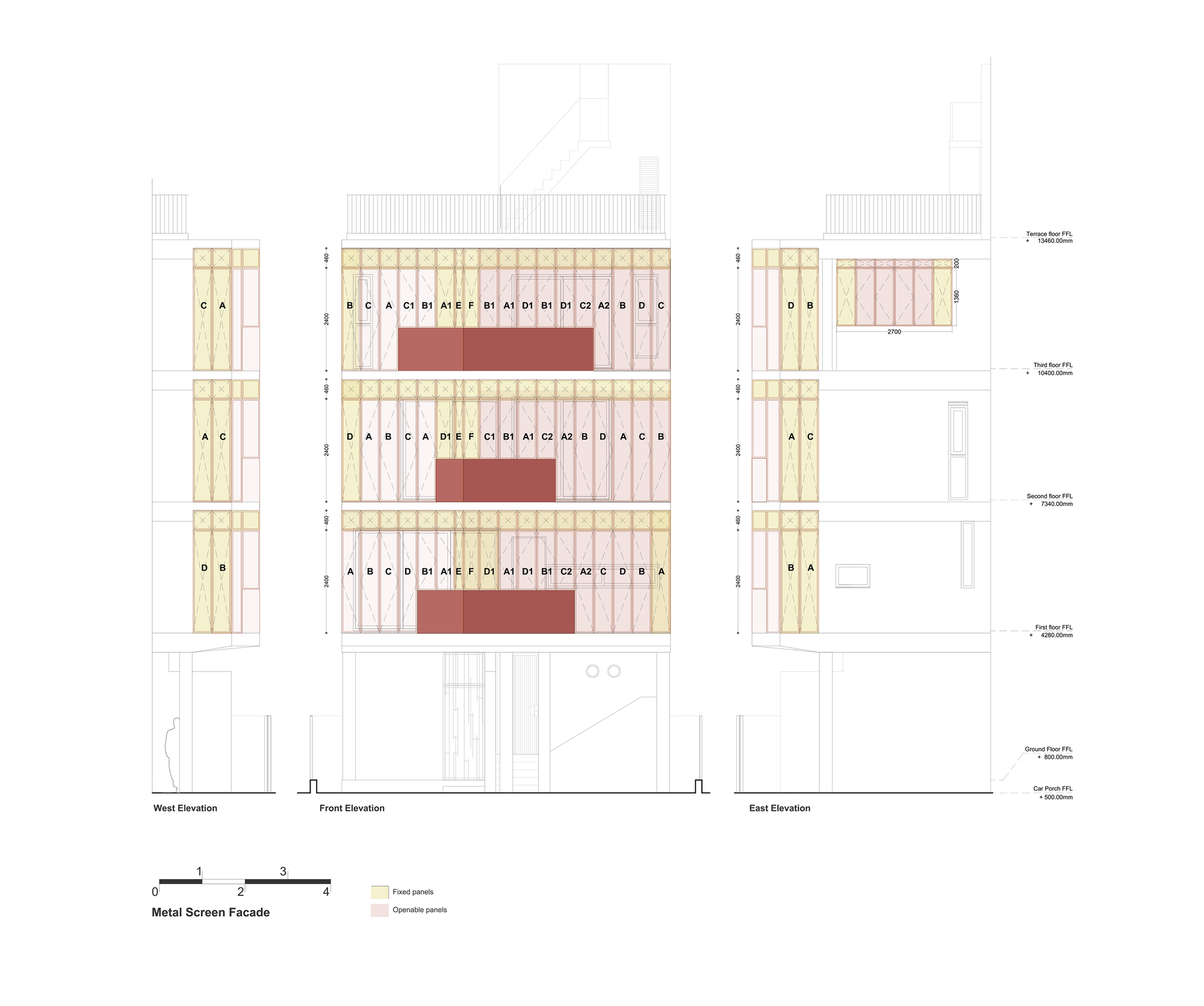 Elevation drawings showing metal screen facade with yellow fixed panels and pink operable panels