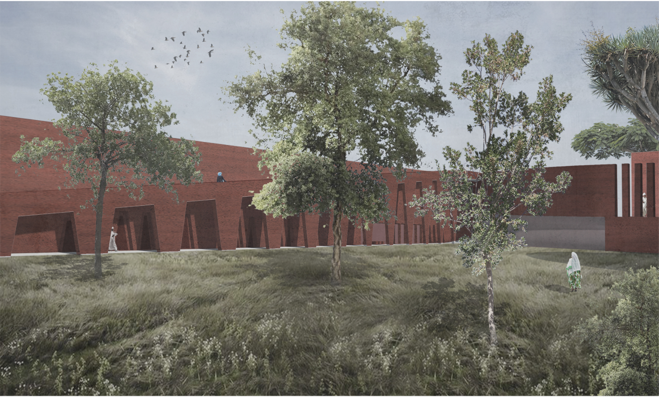 Forest-facing exterior showing monolithic earth walls shaped by vegetation, procession, and shaded movement.