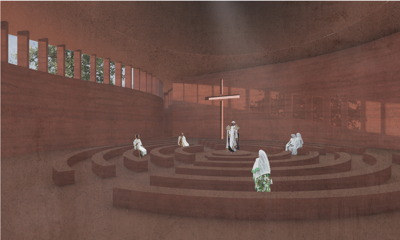 Major prayer room with circular seating, filtered light, and a central sacred focus within an earthen chapel interior.