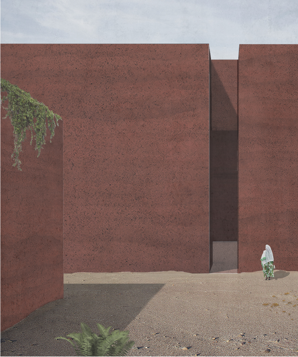 Rift-like entrance framed by massive red earth walls, creating a quiet threshold into the chapel.