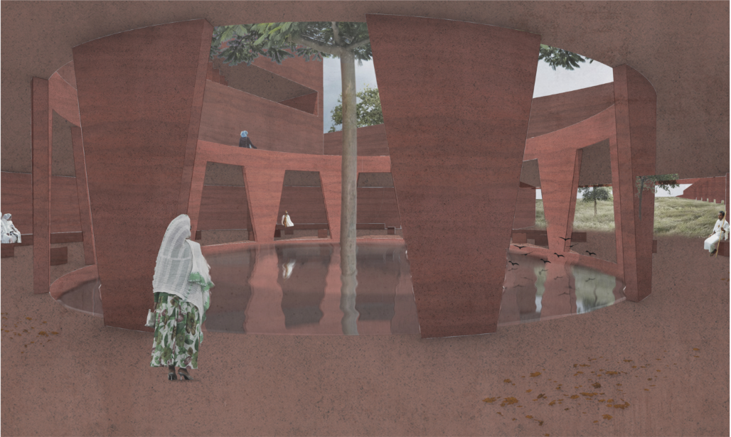 Crypt interior organized around a central tree, water, and sculpted earth surfaces for reflection and remembrance.