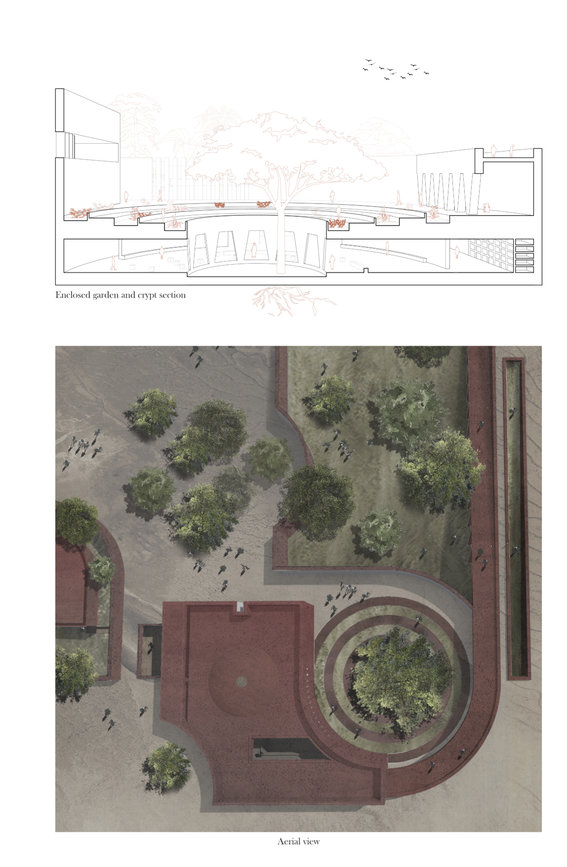 Section and aerial view showing the chapel’s layered relationship between garden, crypt, forest, and sacred circulation.