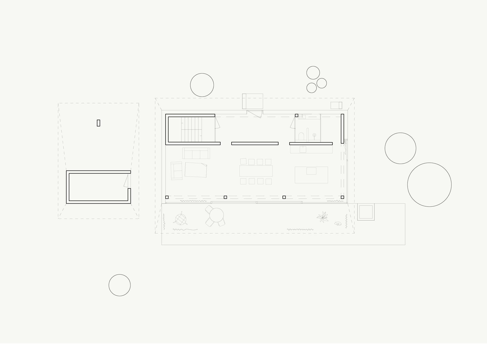 Floor plan drawing showing rectangular volume with perimeter terrace and two detached pool structures
