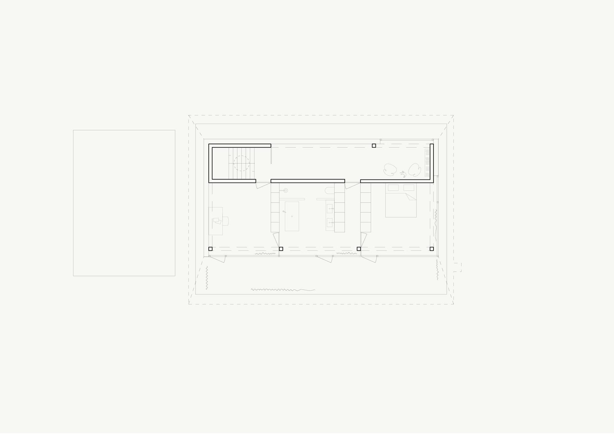 Floor plan drawing showing rectangular volumes with stairs and an adjacent outdoor terrace
