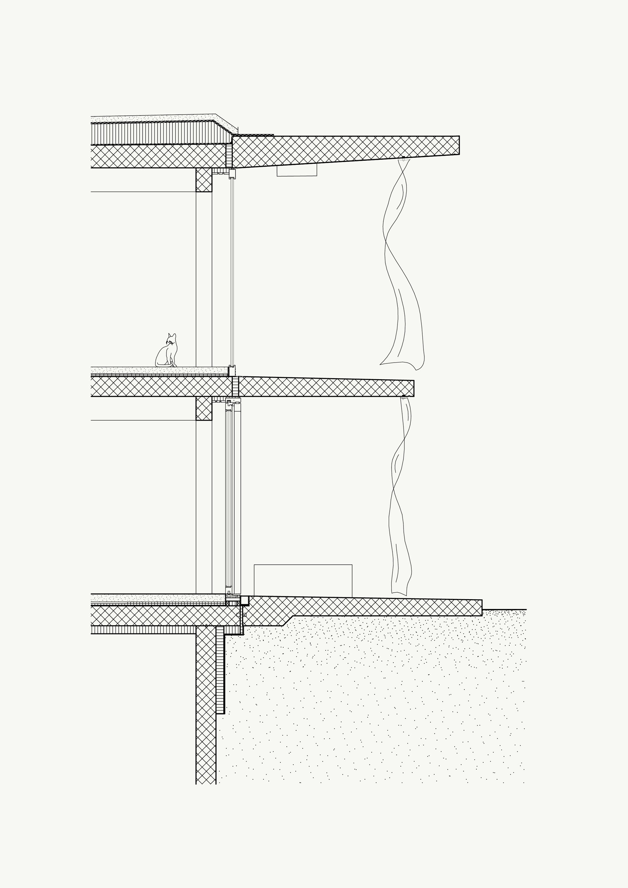 Detail section drawing of three-story facade assembly with floor slabs and insulated panels