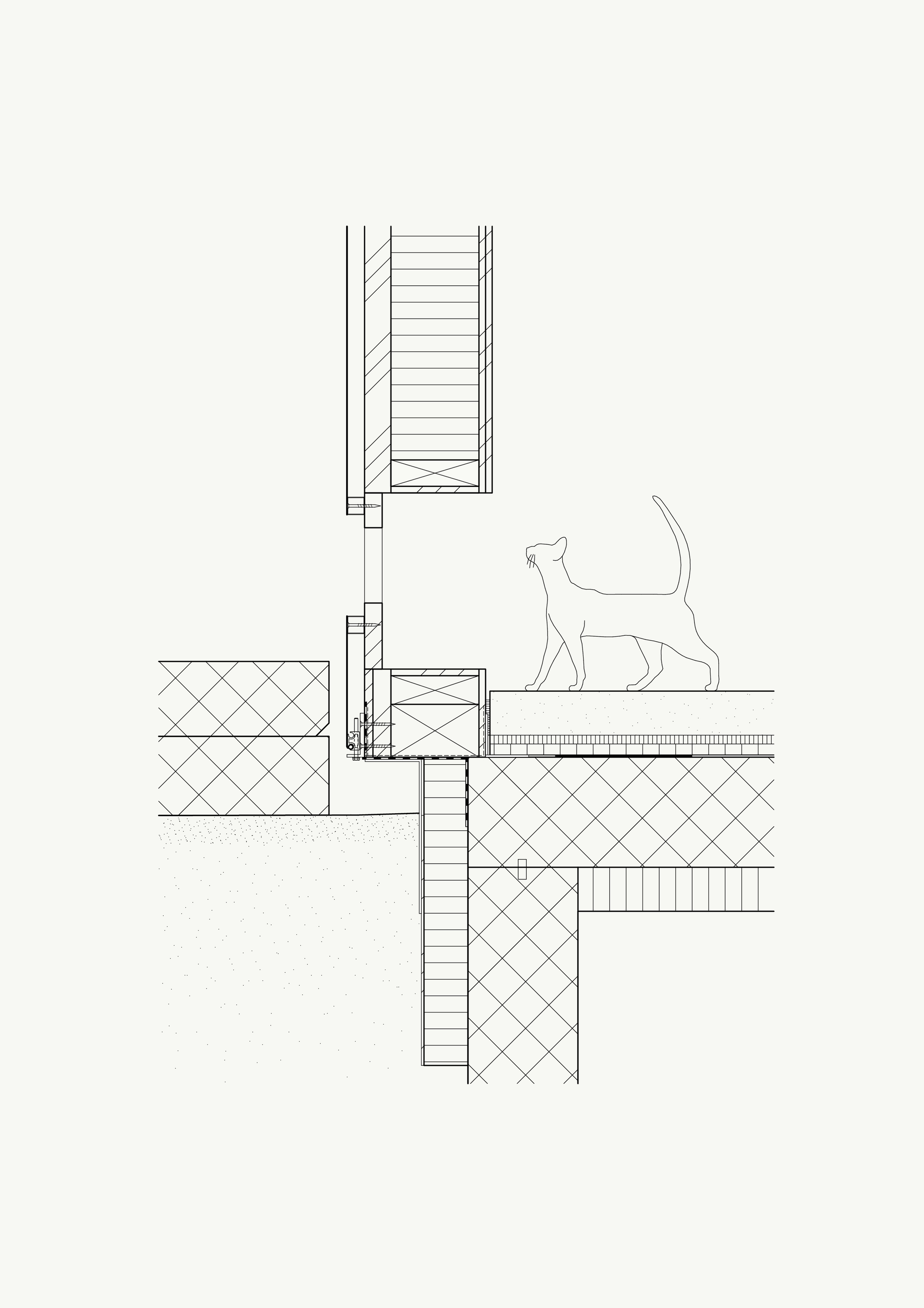 Detail section drawing of balcony edge with railing and cat figure for scale