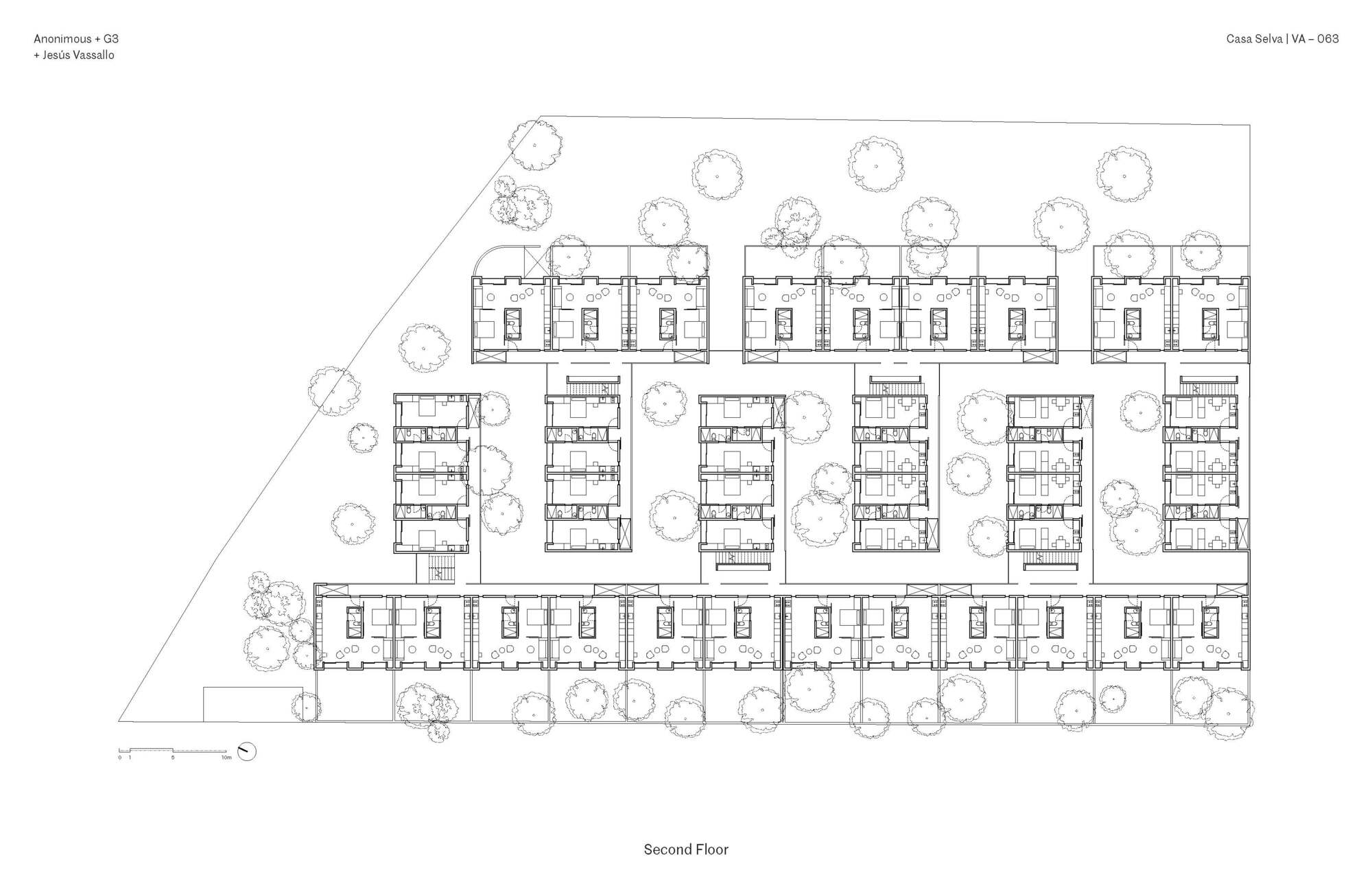 Second floor plan displaying clusters of units separated by internal courtyards and tree canopies