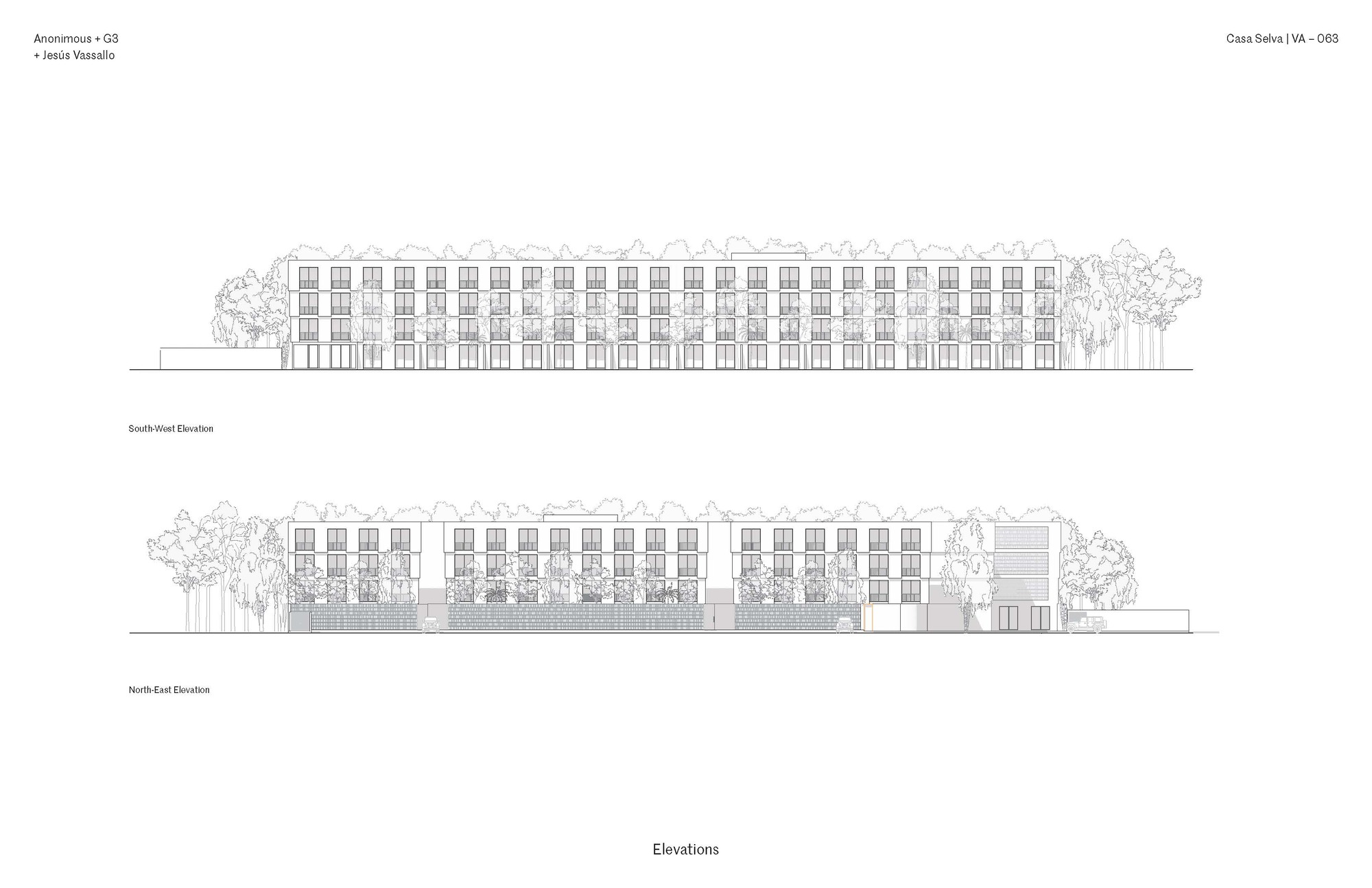 Elevation drawings of the south and north facades showing four-story residential blocks flanked by mature trees