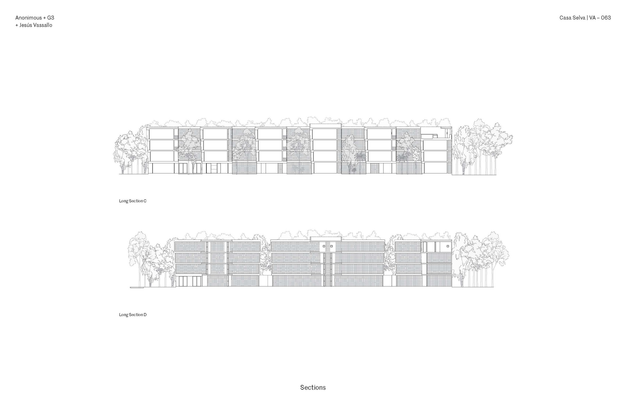 Long section drawings revealing the interior floor plates and stair cores within the residential volumes