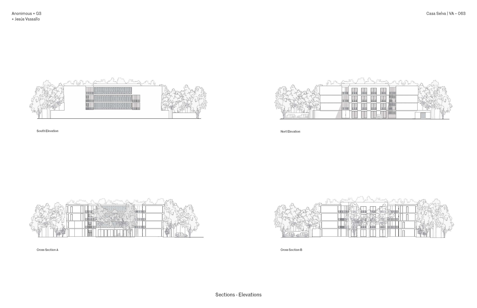 Section and elevation drawings showing end and cross views of the residential blocks with surrounding landscape