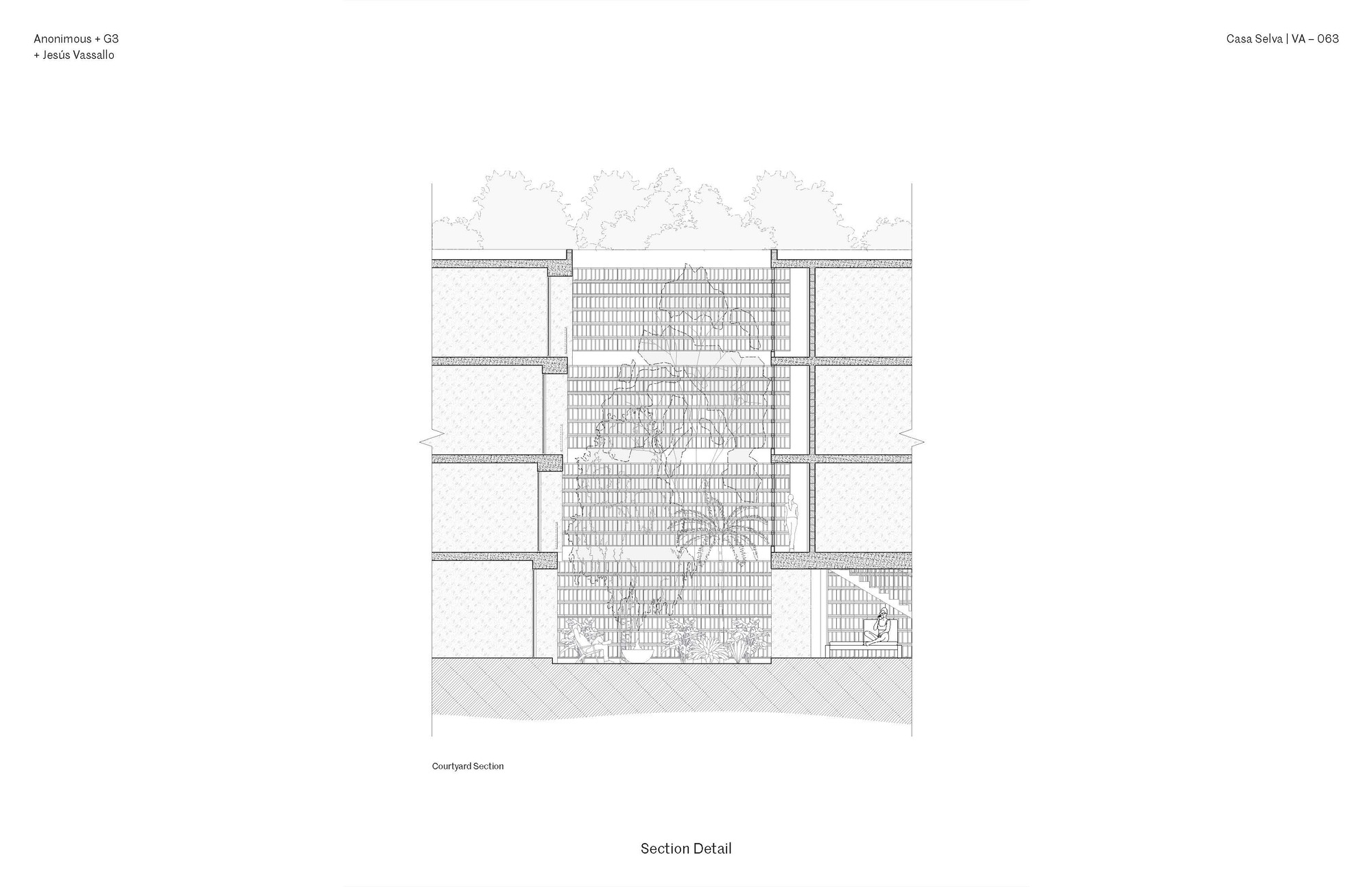 Detail section drawing of the courtyard facade showing brick screening, floor slabs, and climbing vegetation