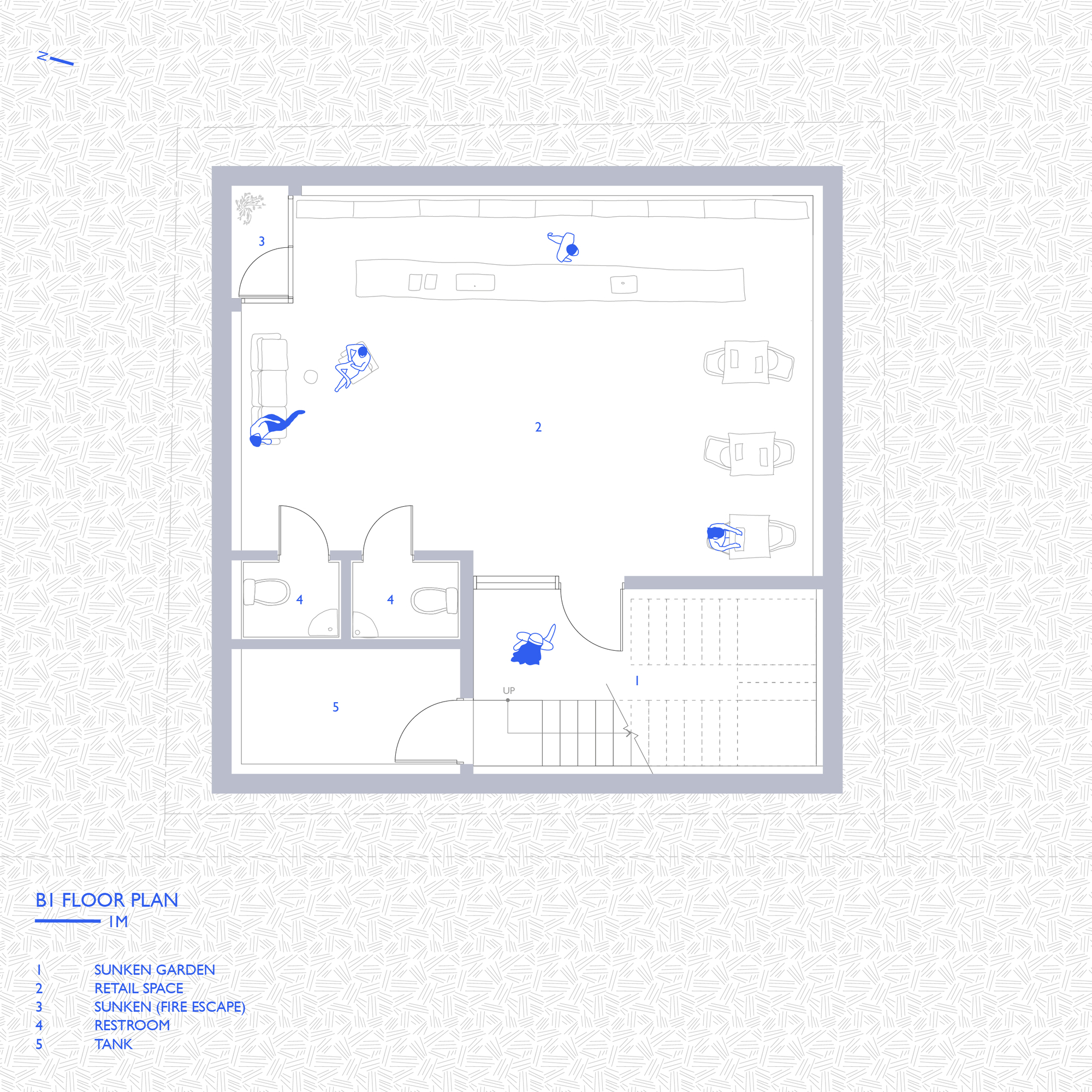 Floor plan drawing showing retail space with central stair, restrooms, and figures indicating occupancy