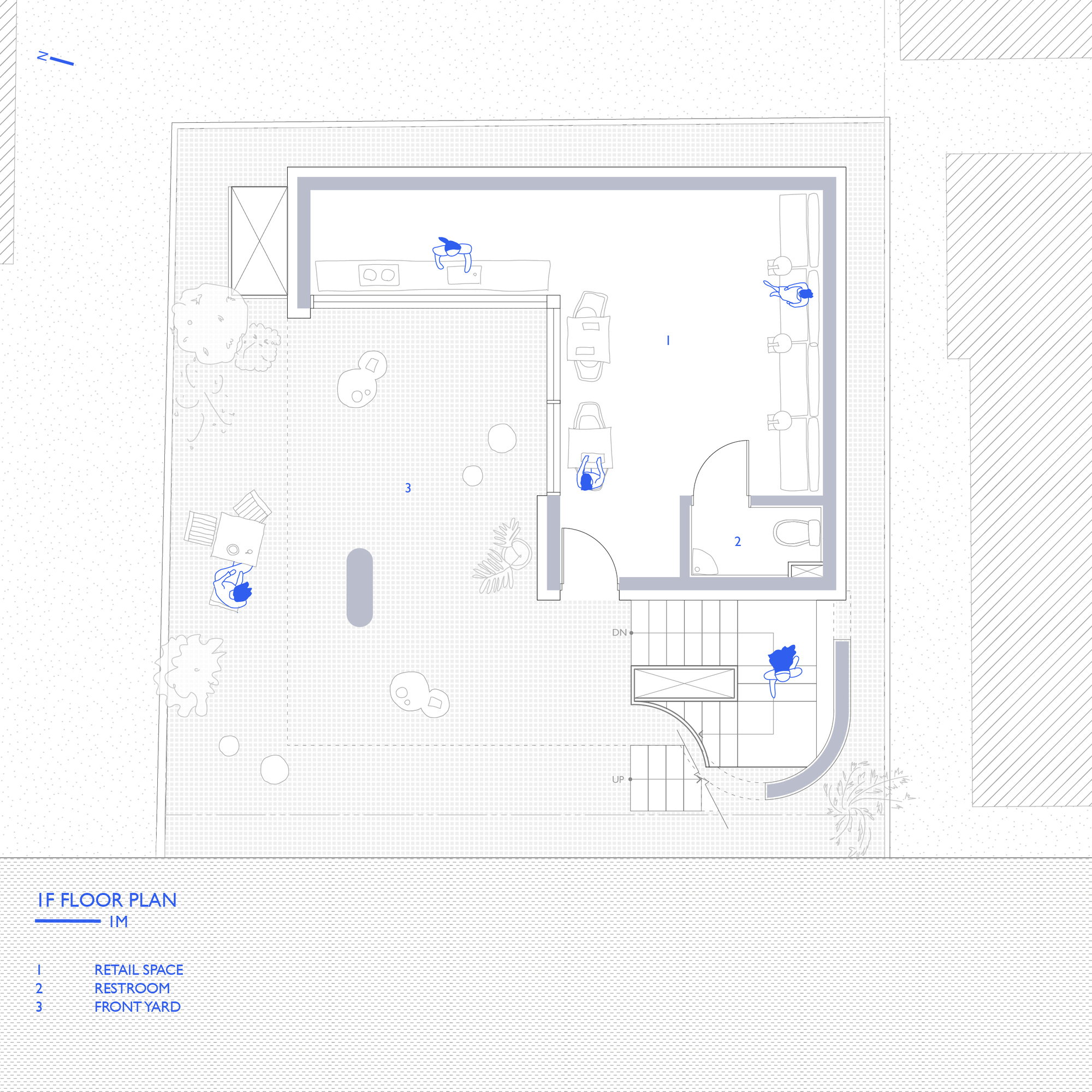 First floor plan drawing showing retail space with front yard and restroom adjacent to stairwell