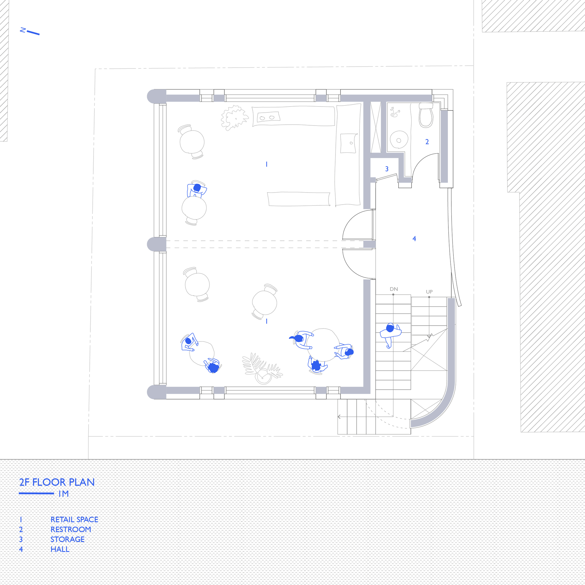 Second floor plan drawing showing retail space with central staircase and enclosed storage hall
