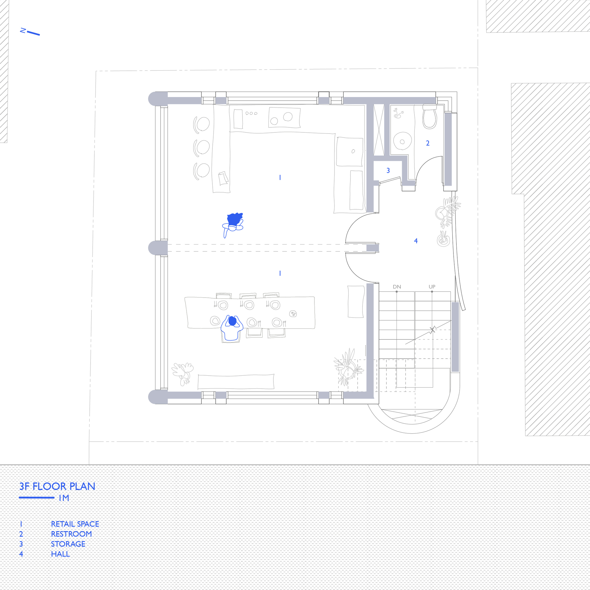 Third floor plan drawing showing retail space with dining area and restroom flanking the stair