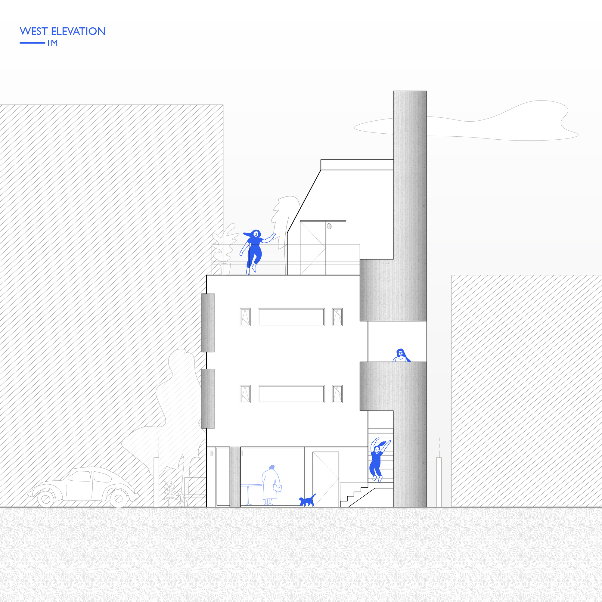 West elevation drawing showing four-story volume with cylindrical shaft and occupants on stepped terraces