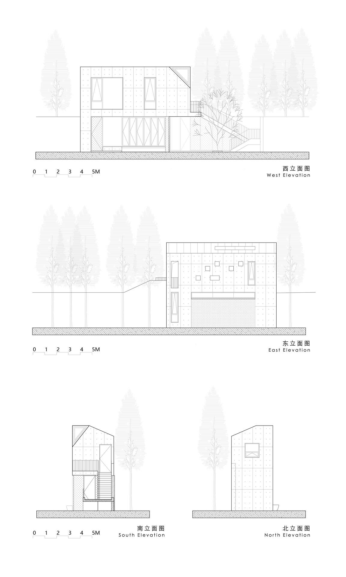 Elevation drawings showing all four facades with landscaped trees in faint outline on either side